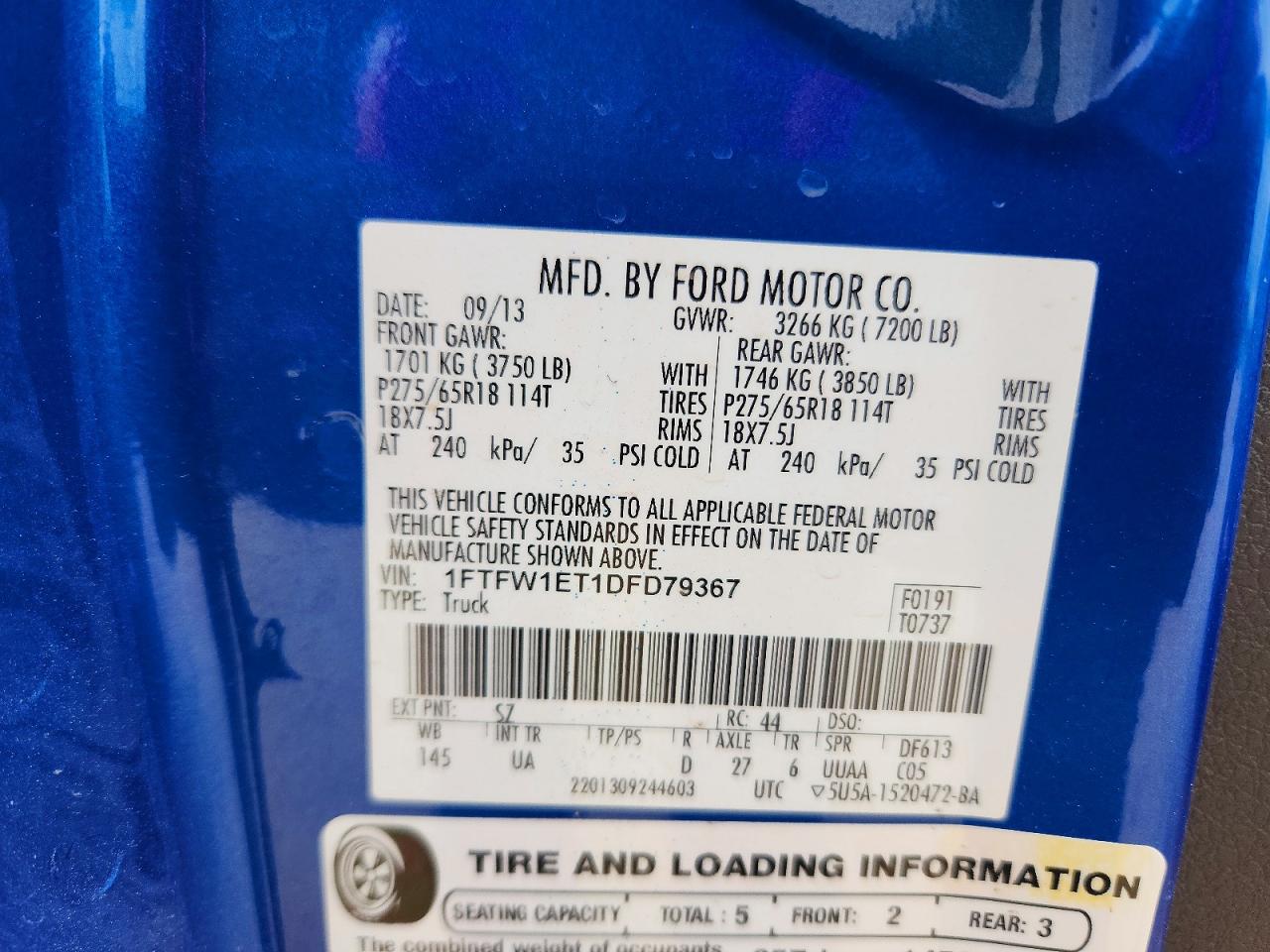 2013 Ford F150 Supercrew Blue vin: 1FTFW1ET1DFD79367