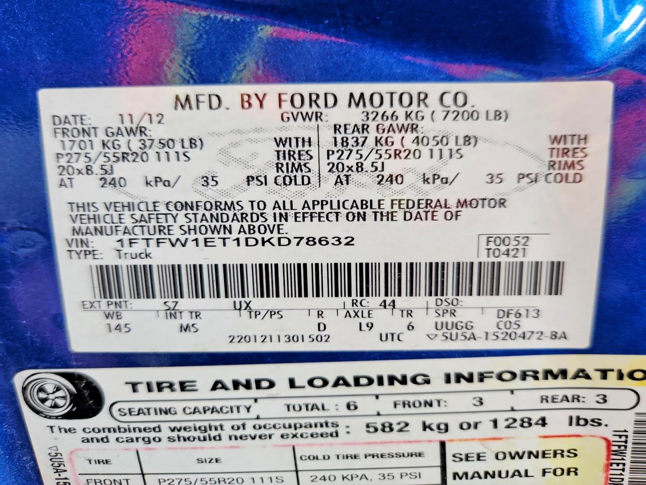 2013 Ford F150 Supercrew Blue vin: 1FTFW1ET1DKD78632