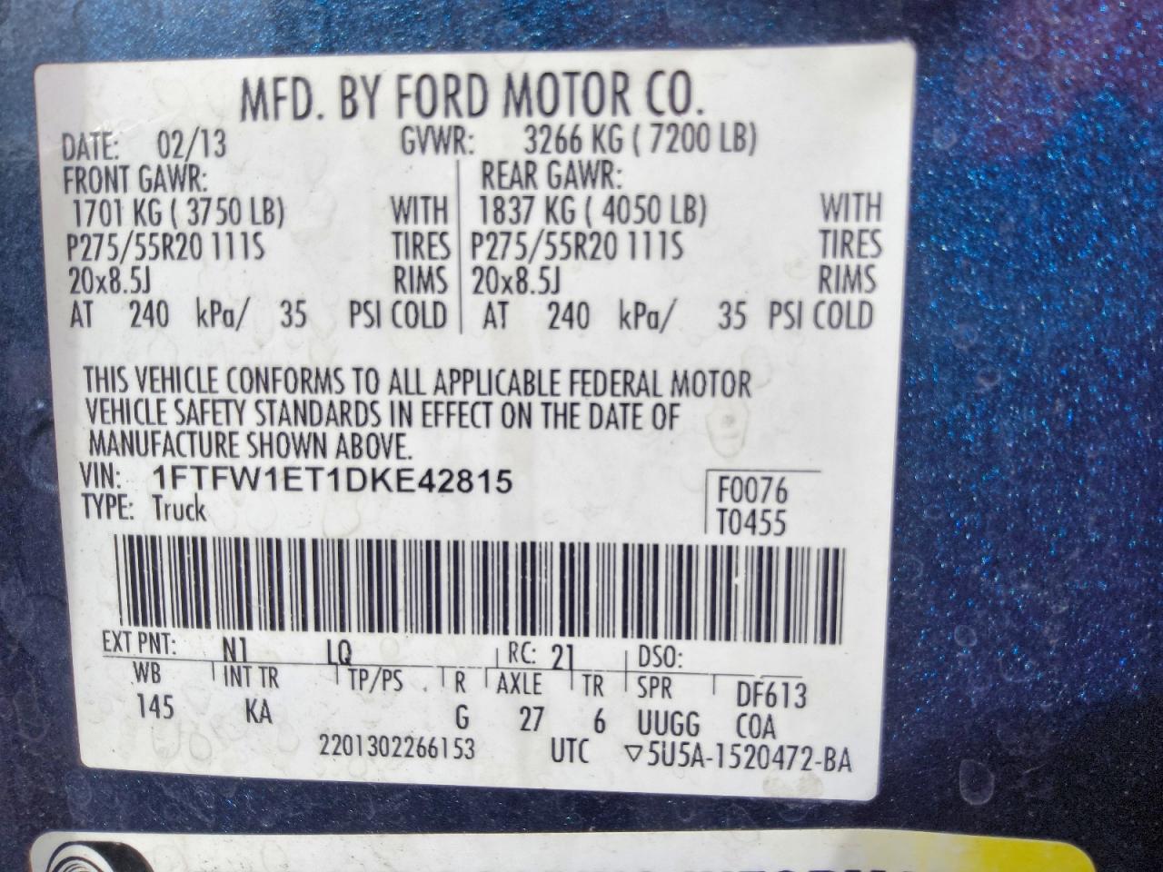 2013 Ford F150 Supercrew Blue vin: 1FTFW1ET1DKE42815