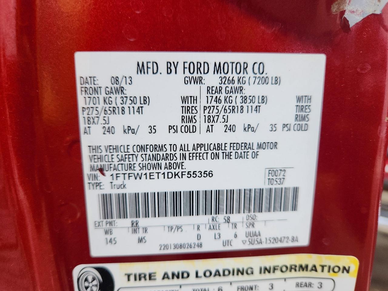 2013 Ford F150 Supercrew Red vin: 1FTFW1ET1DKF55356