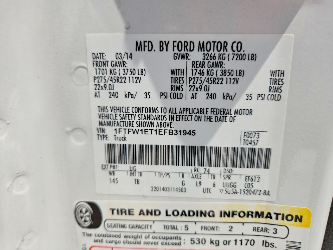 2014 Ford F150 Supercrew White vin: 1FTFW1ET1EFB31945