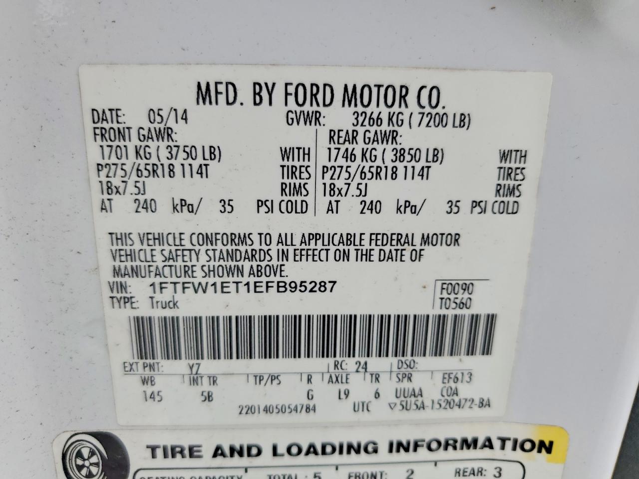 2014 Ford F150 Supercrew White vin: 1FTFW1ET1EFB95287