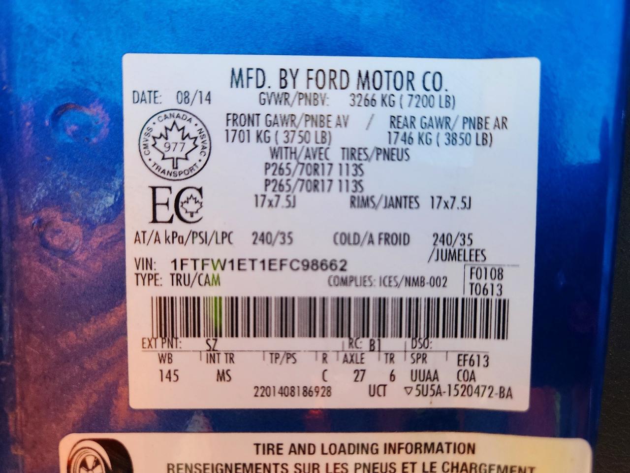 2014 Ford F150 Supercrew Blue vin: 1FTFW1ET1EFC98662