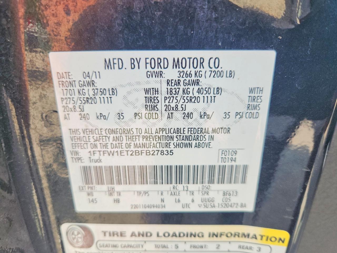 2011 Ford F150 Supercrew Black vin: 1FTFW1ET2BFB27835