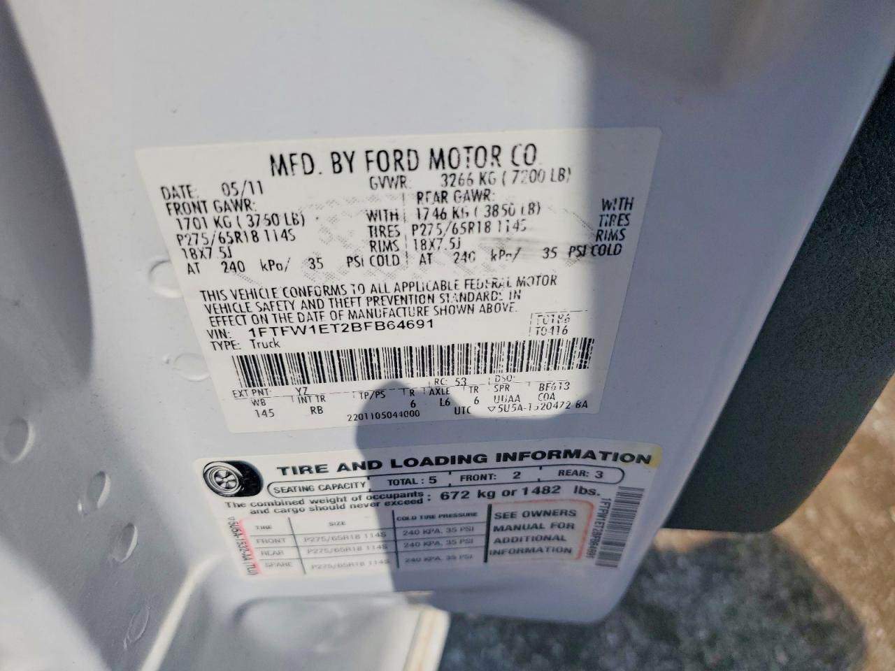 2011 Ford F150 Supercrew White vin: 1FTFW1ET2BFB64691
