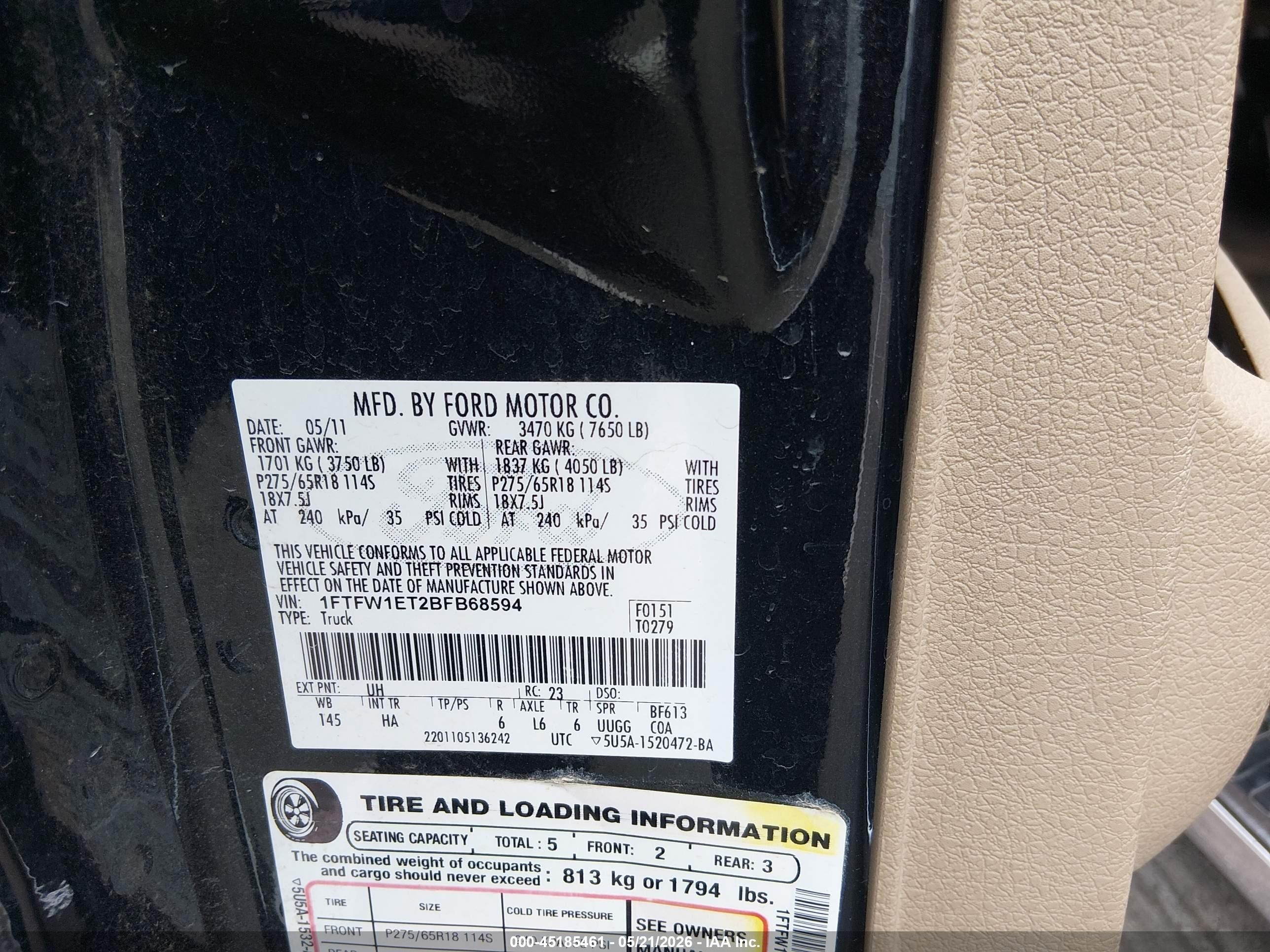 2011 Ford F-150 Lariat Black vin: 1FTFW1ET2BFB68594