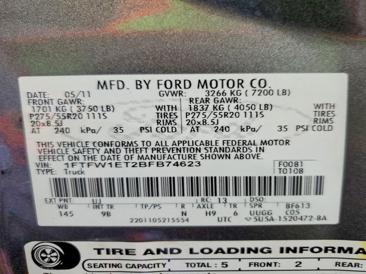 2011 Ford F150 Supercrew Серый vin: 1FTFW1ET2BFB74623