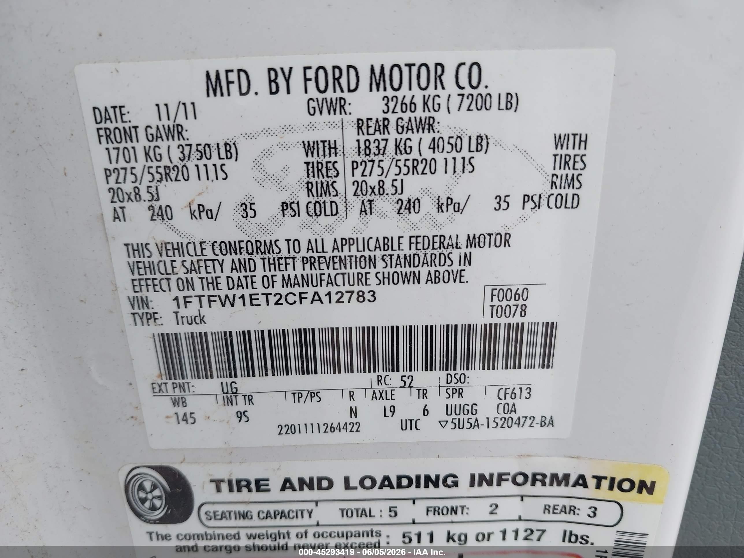 2012 Ford F-150 Platinum White vin: 1FTFW1ET2CFA12783