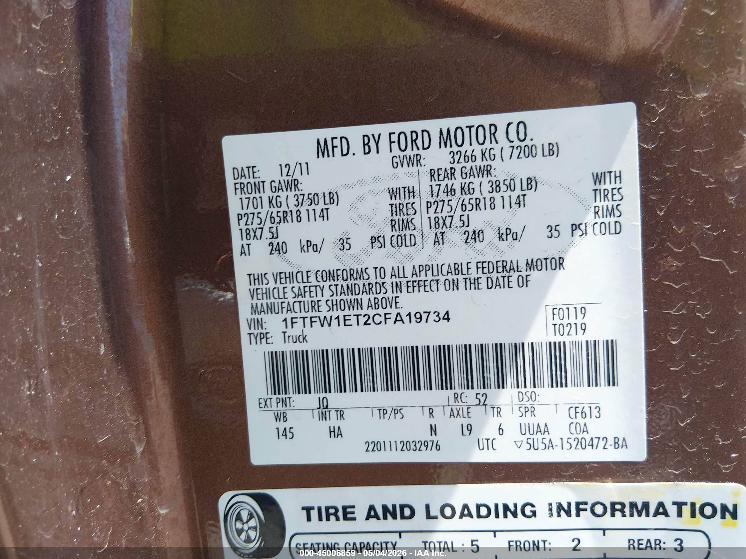 2012 Ford F-150 Fx4/king Ranch/lariat/platinum/xl/xlt Brown vin: 1FTFW1ET2CFA19734