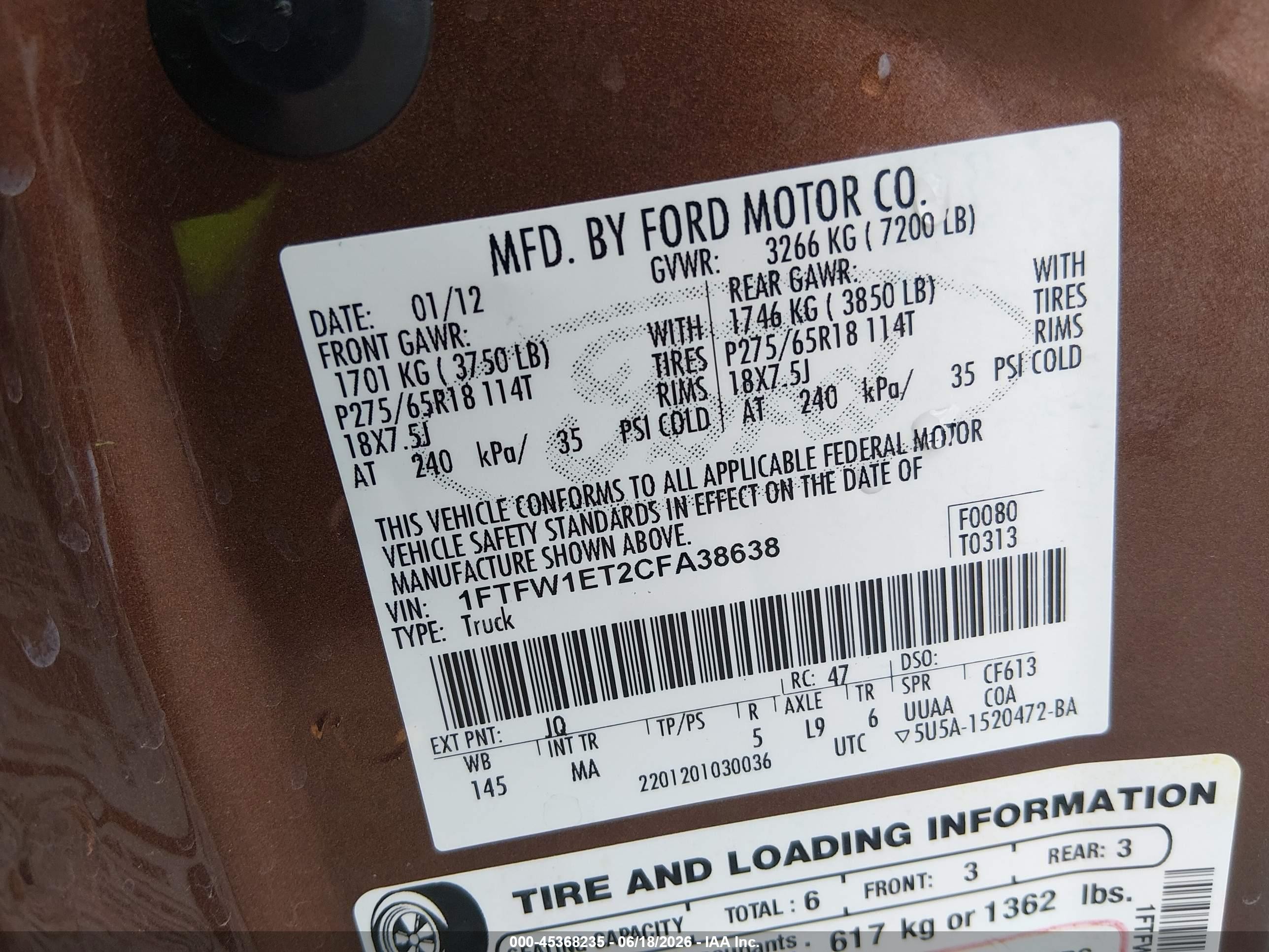 2012 Ford F-150 Xlt Brown vin: 1FTFW1ET2CFA38638