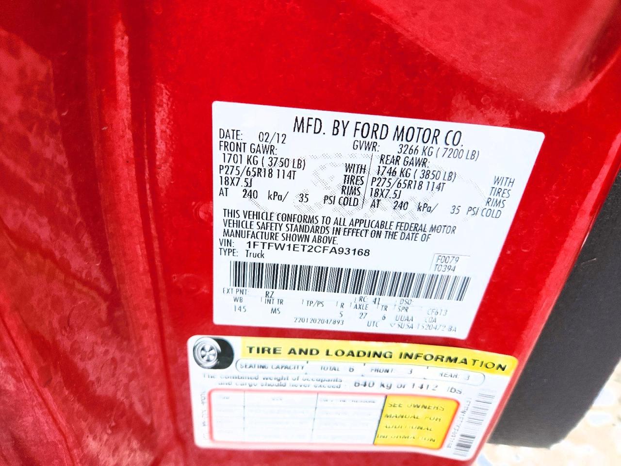 2012 Ford F150 Supercrew Red vin: 1FTFW1ET2CFA93168