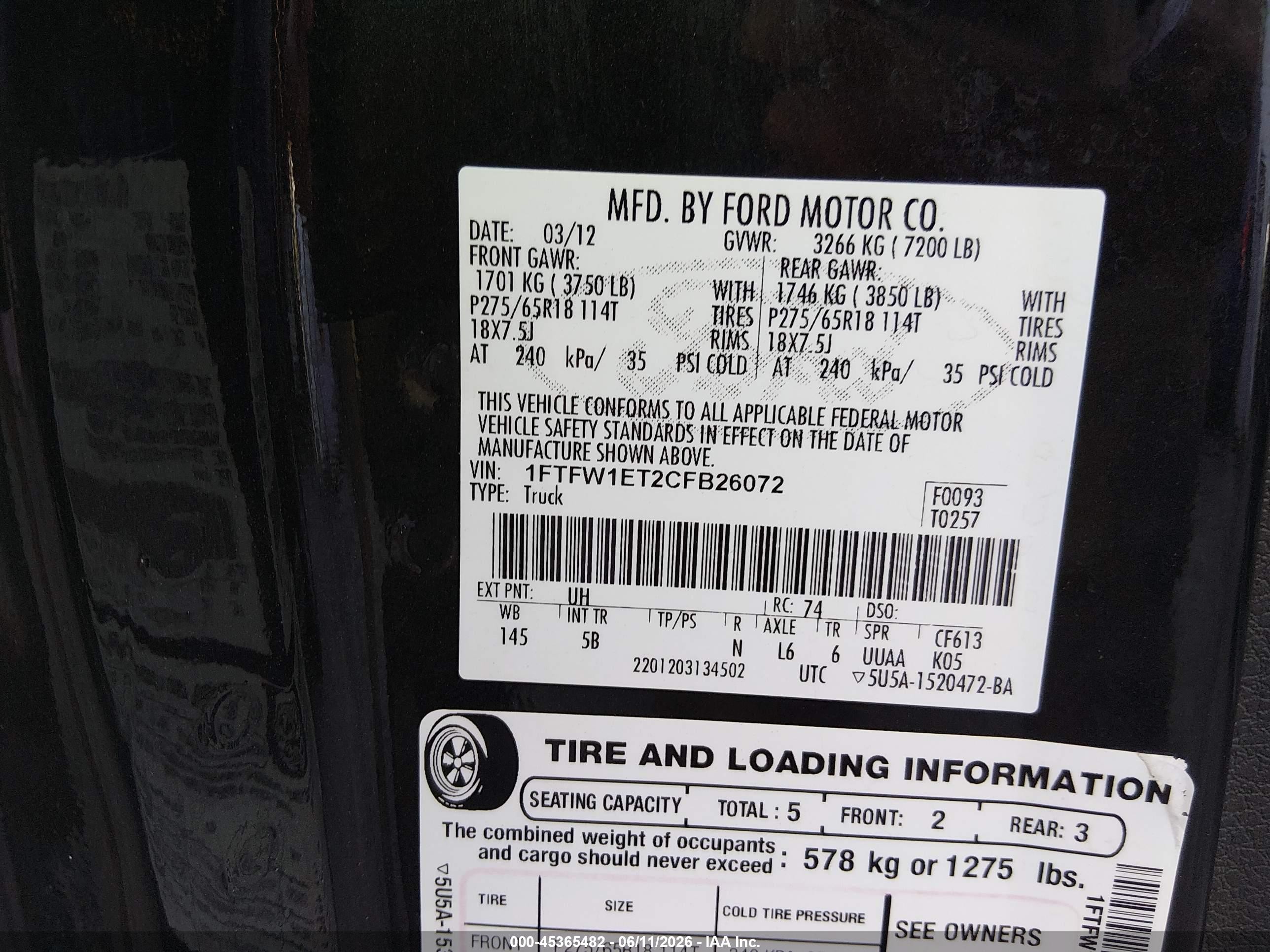 2012 Ford F-150 Fx4 Black vin: 1FTFW1ET2CFB26072