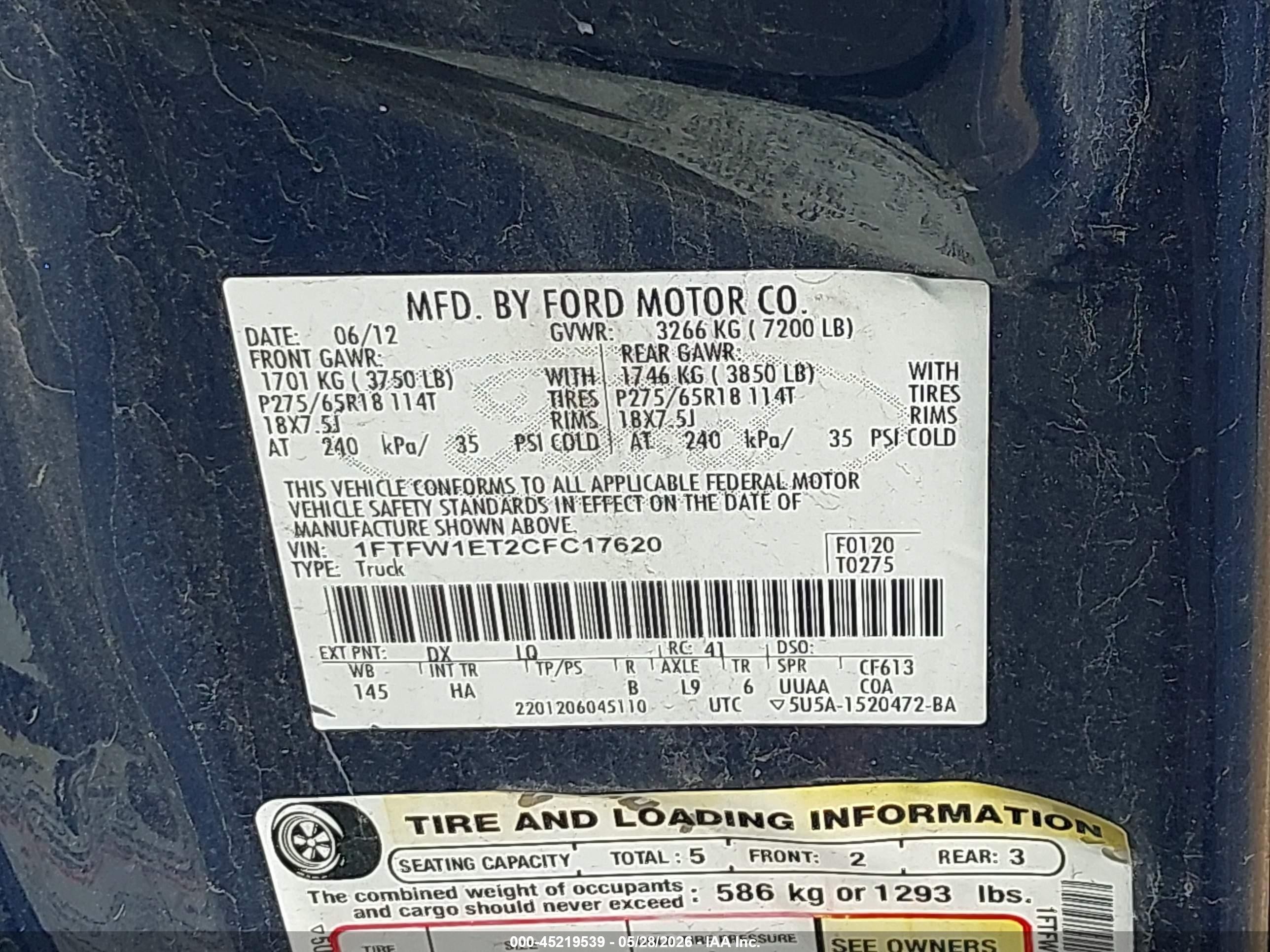 2012 Ford F-150 Lariat Blue vin: 1FTFW1ET2CFC17620
