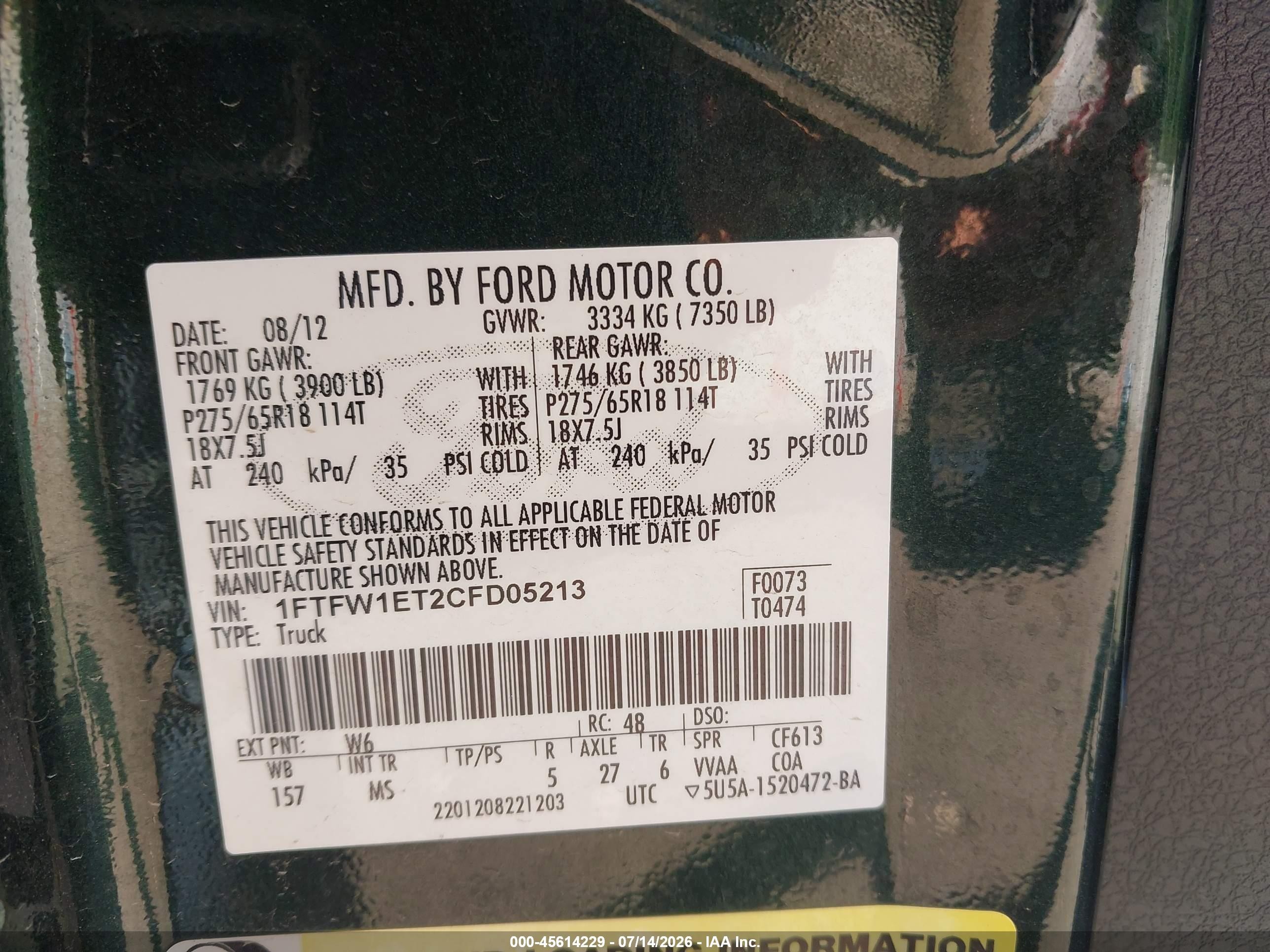 2012 Ford F-150 Xlt Green vin: 1FTFW1ET2CFD05213