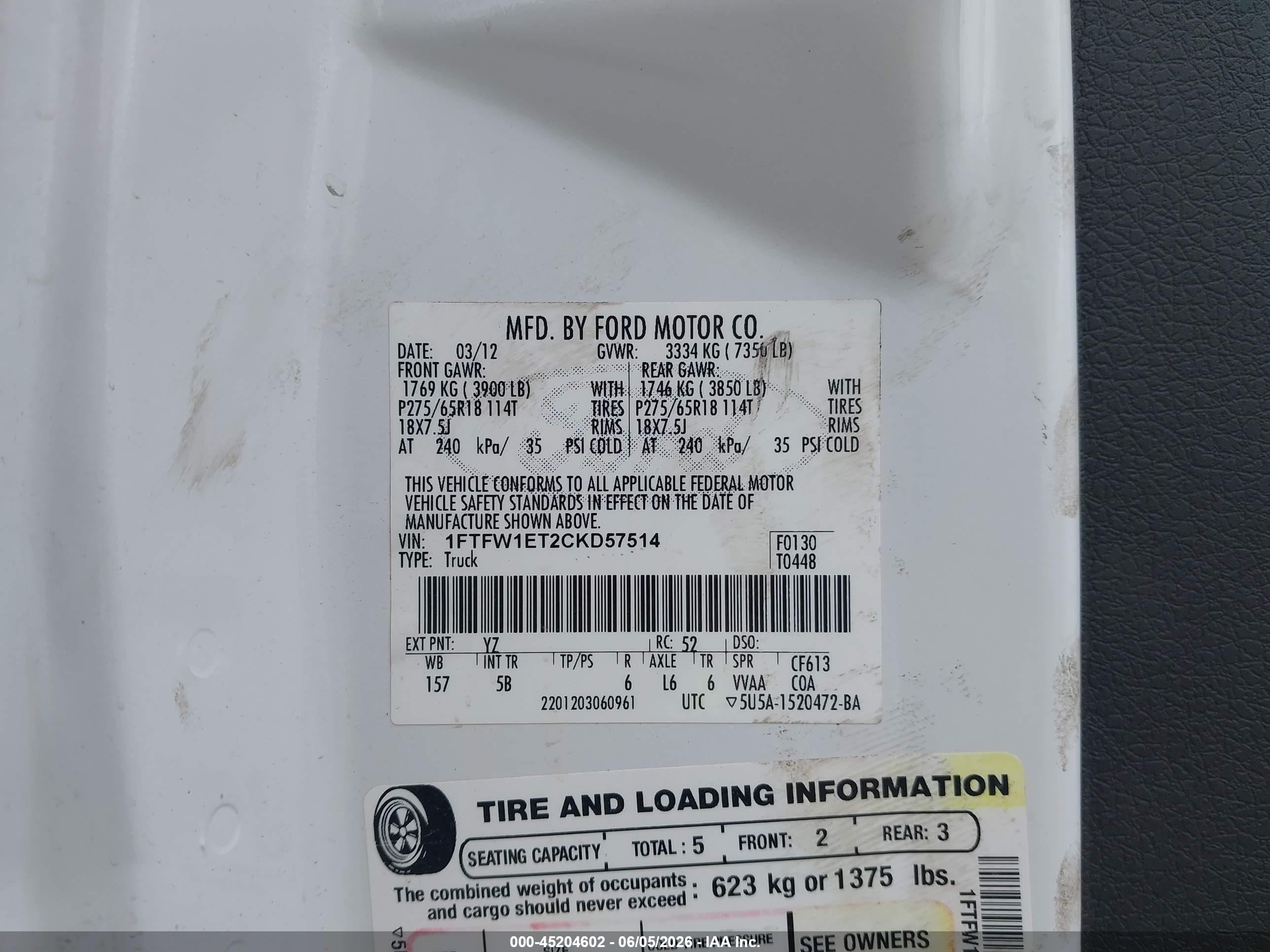 2012 Ford F-150 Fx4 White vin: 1FTFW1ET2CKD57514