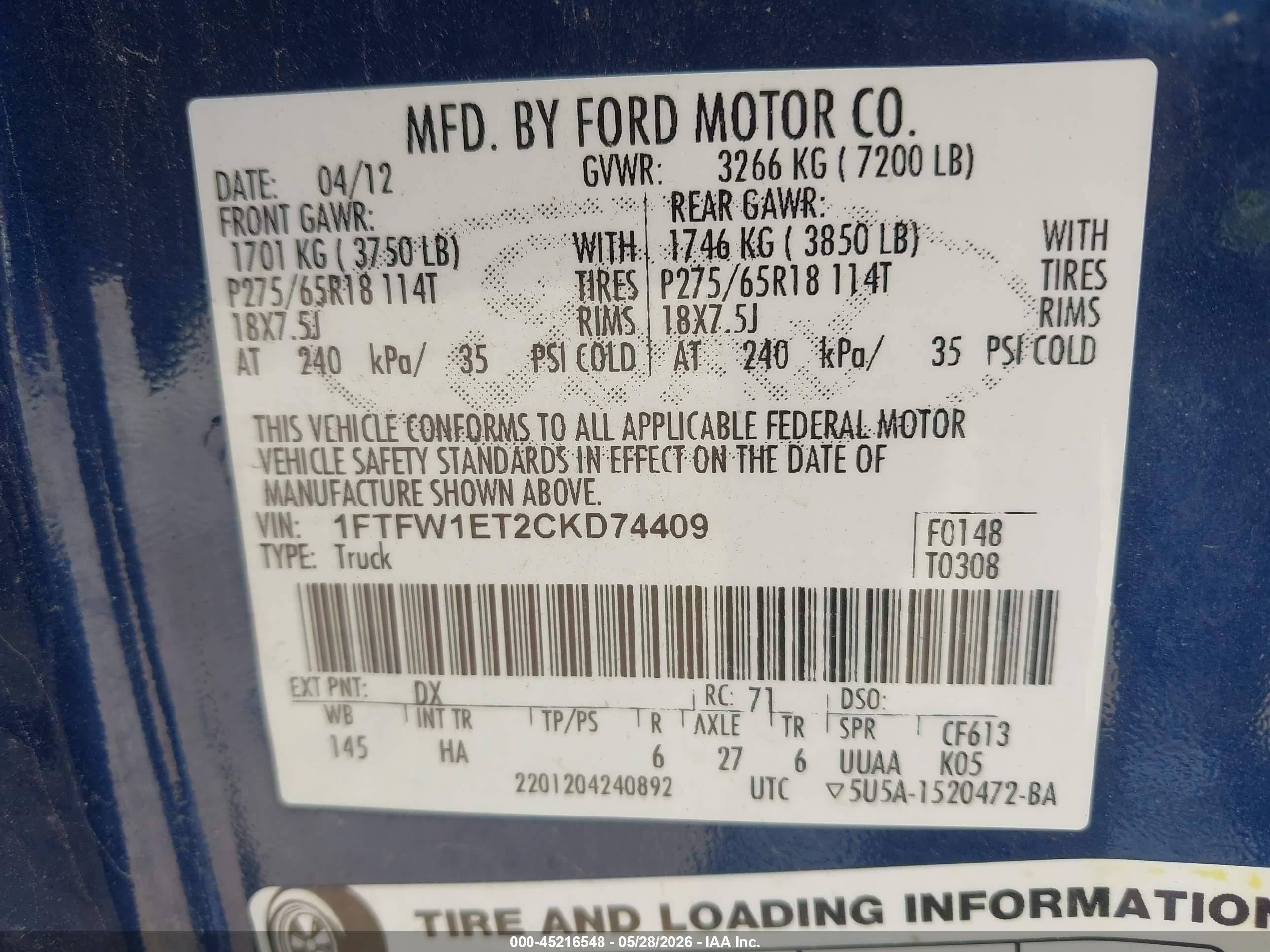 2012 Ford F-150 Lariat Blue vin: 1FTFW1ET2CKD74409