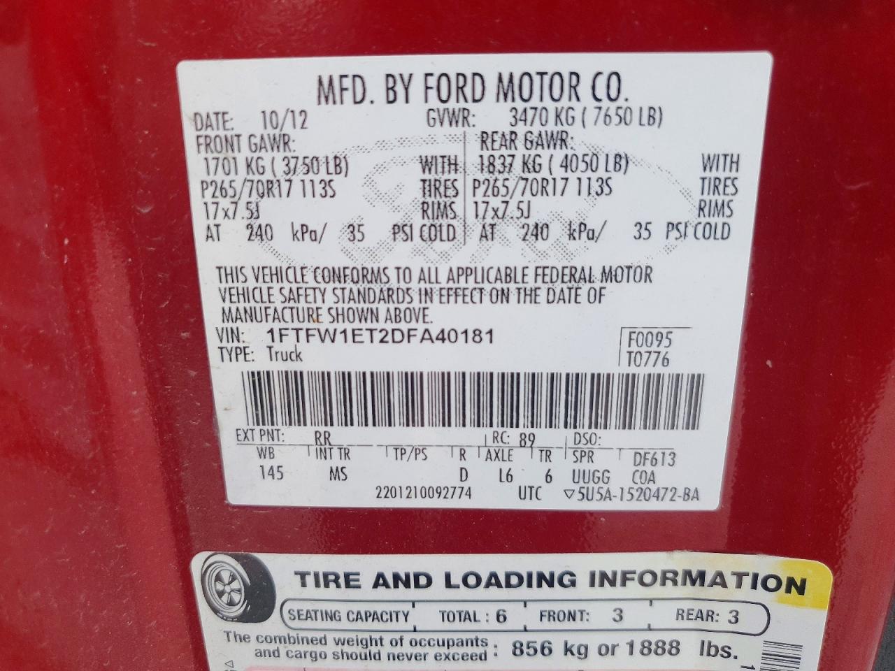 2013 Ford F150 Red vin: 1FTFW1ET2DFA40181
