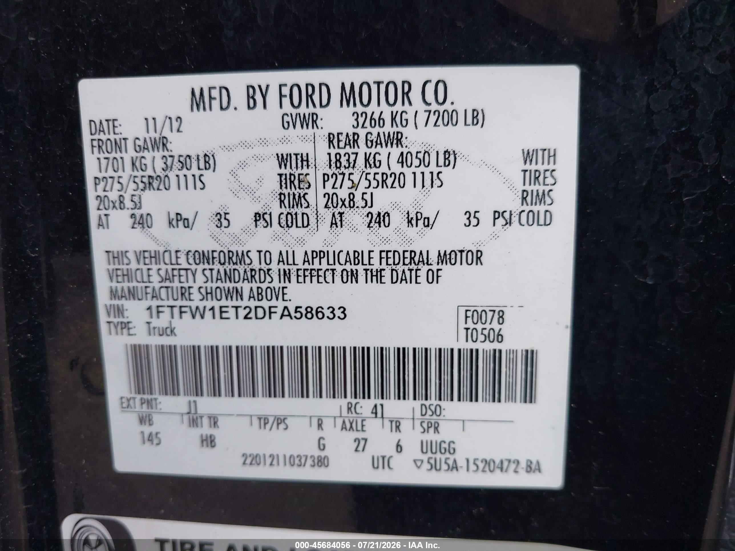 2013 Ford F-150 Lariat Black vin: 1FTFW1ET2DFA58633