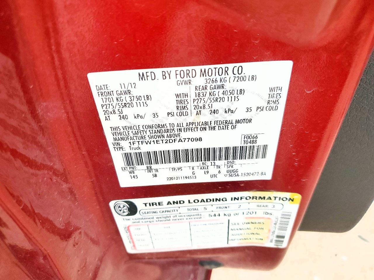 2013 Ford F150 Supercrew Red vin: 1FTFW1ET2DFA77098