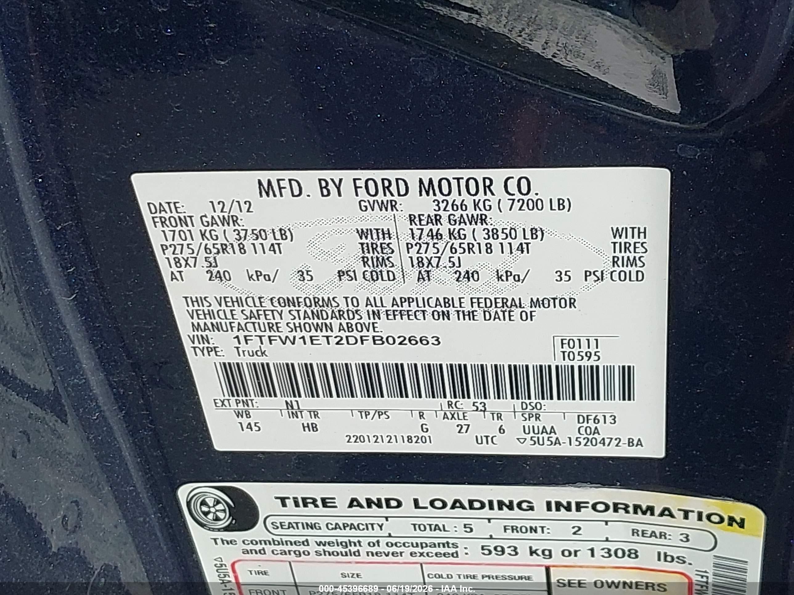 2013 Ford F-150 Fx4/king Ranch/lariat/limited/platinum/xl/xlt Black vin: 1FTFW1ET2DFB02663
