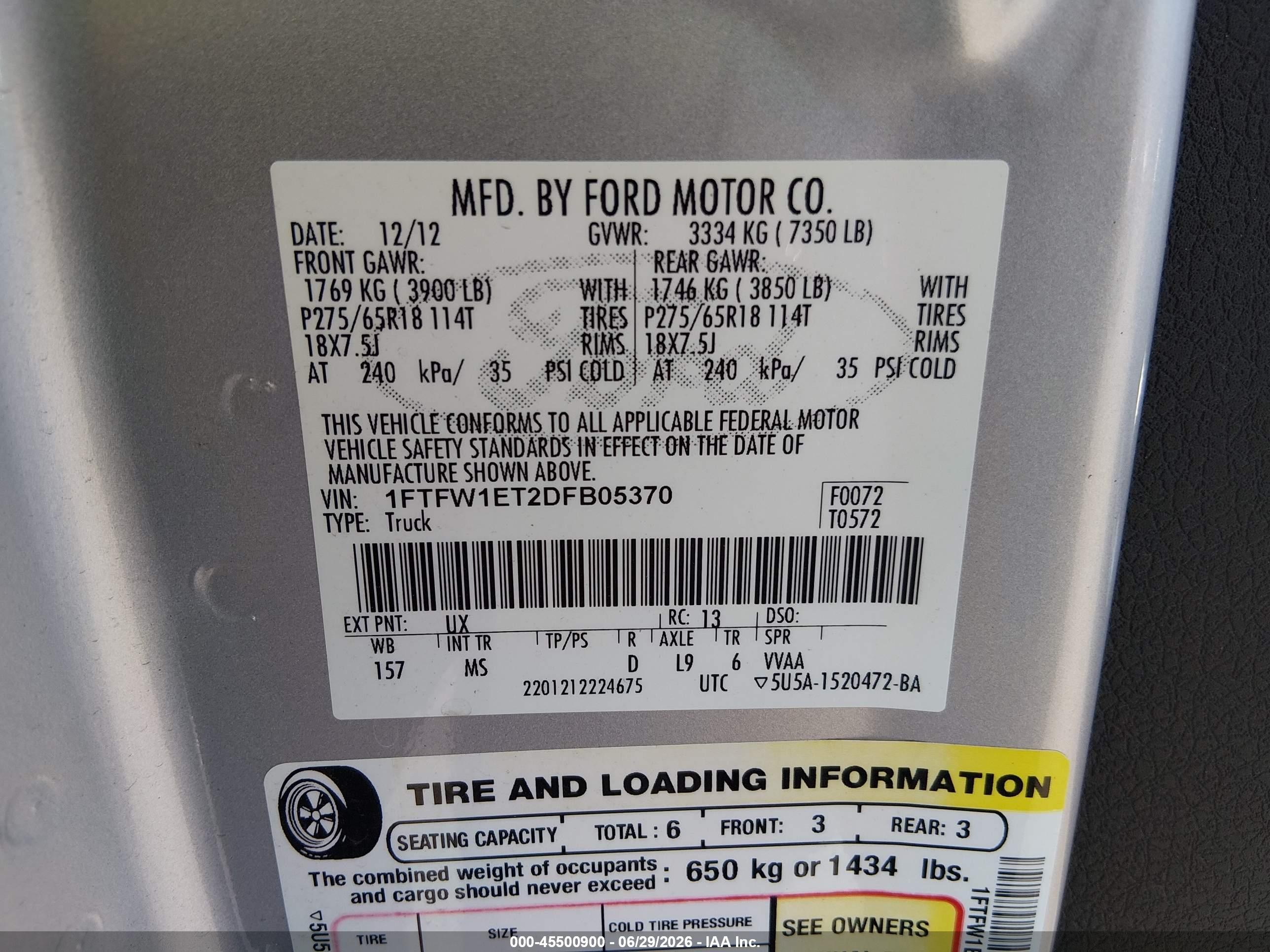 2013 Ford F-150 Fx4/king Ranch/lariat/limited/platinum/xl/xlt Silver vin: 1FTFW1ET2DFB05370