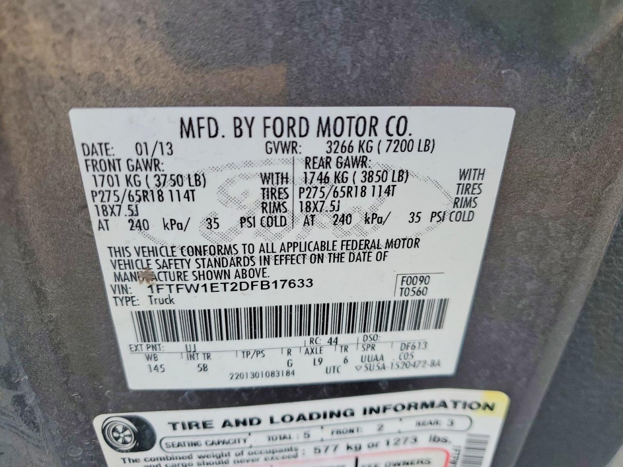 2013 Ford F150 Серый vin: 1FTFW1ET2DFB17633