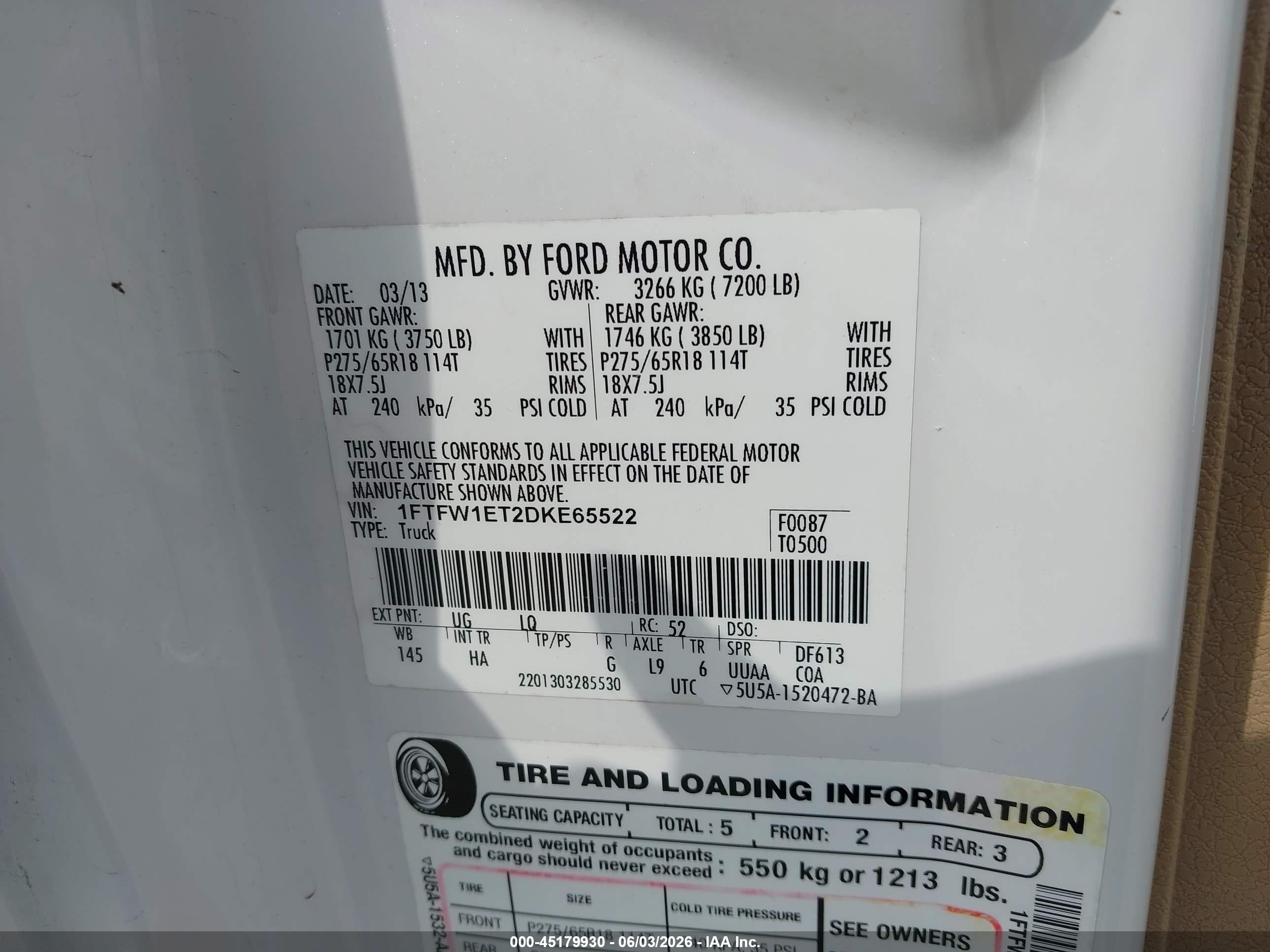 2013 Ford F-150 Lariat Белый vin: 1FTFW1ET2DKE65522