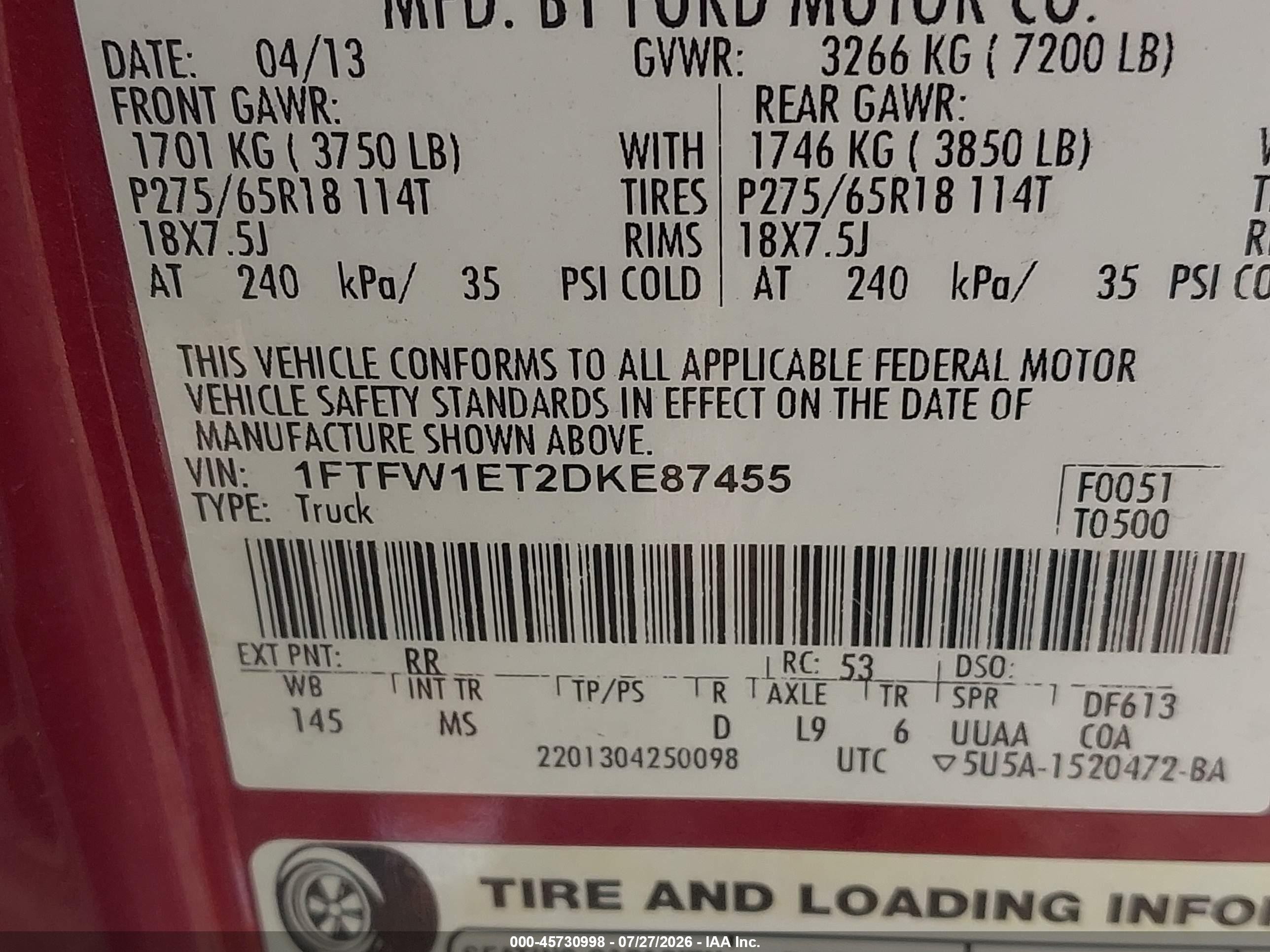 2013 Ford F-150 Xlt Red vin: 1FTFW1ET2DKE87455