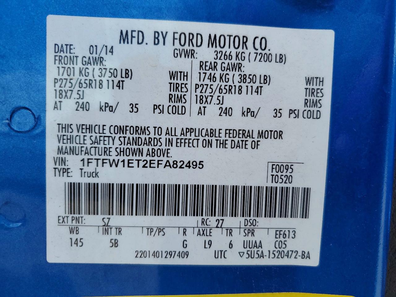 2014 Ford F150 Supercrew Blue vin: 1FTFW1ET2EFA82495