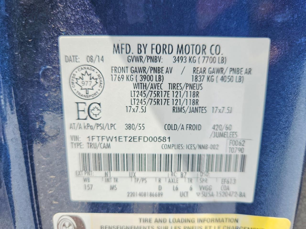 2014 Ford F150 Supercrew Blue vin: 1FTFW1ET2EFD00581