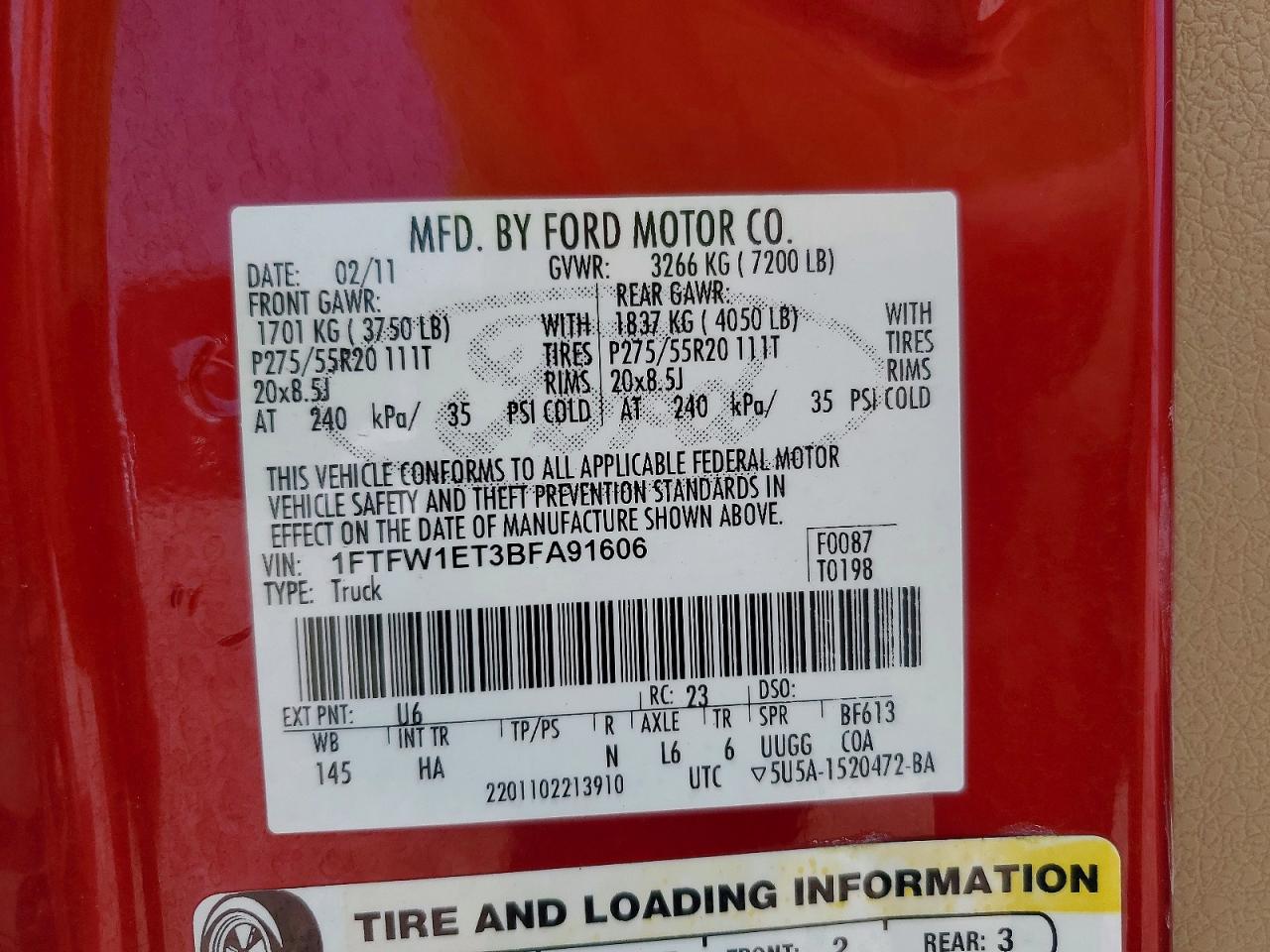 2011 Ford F150 Supercrew Red vin: 1FTFW1ET3BFA91606