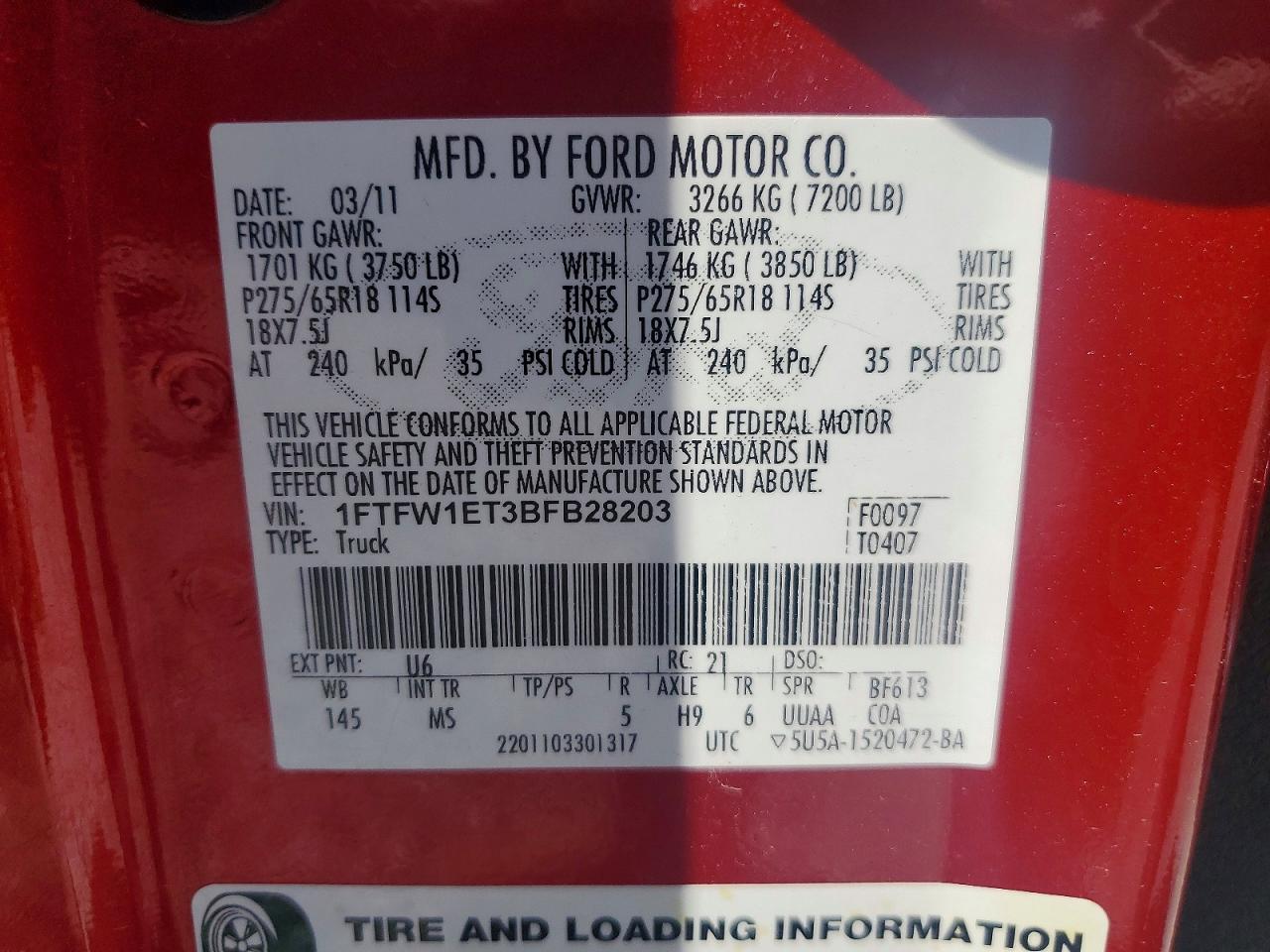 2011 Ford F150 Supercrew Red vin: 1FTFW1ET3BFB28203