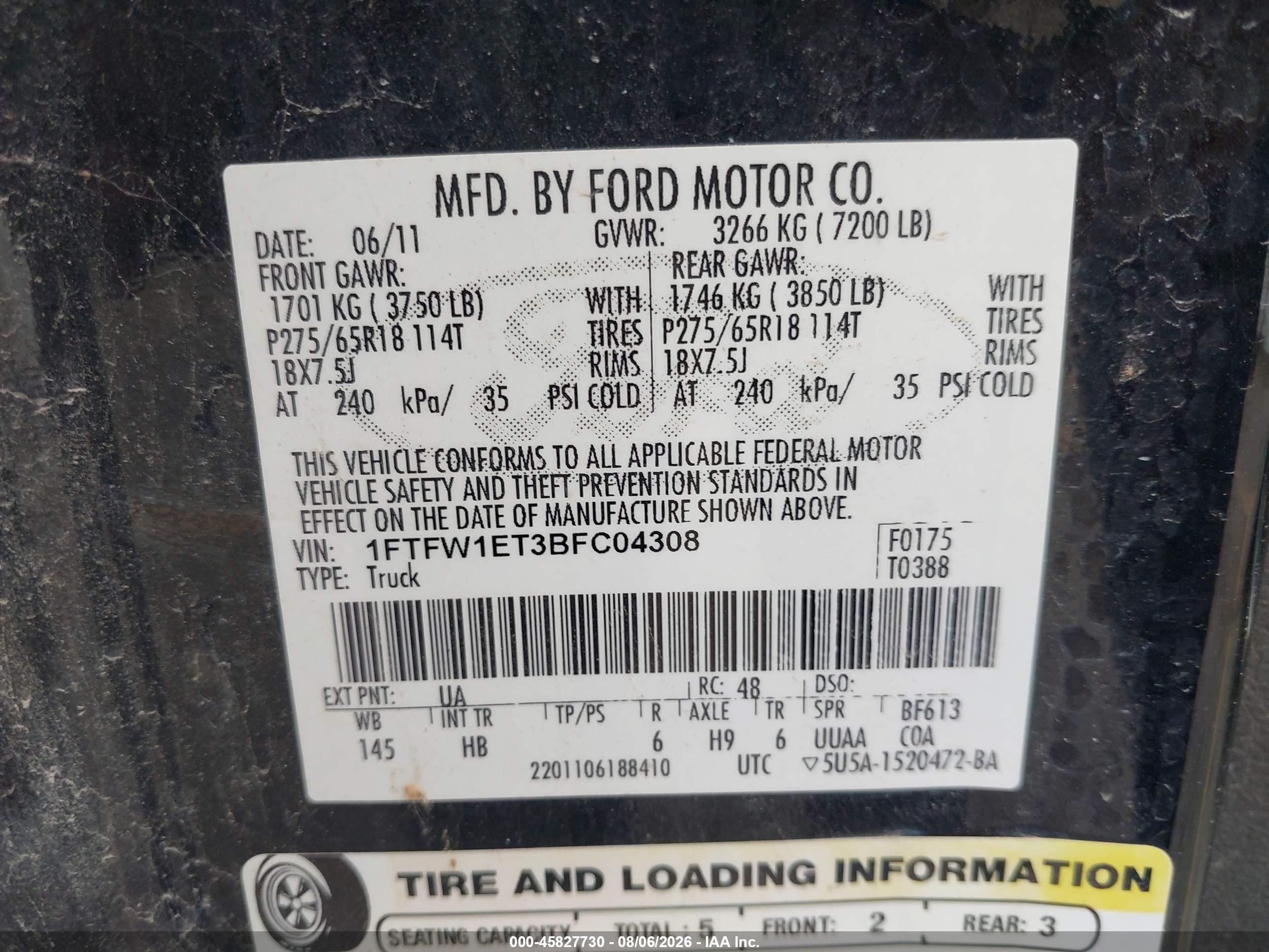 2011 Ford F-150 Lariat Black vin: 1FTFW1ET3BFC04308