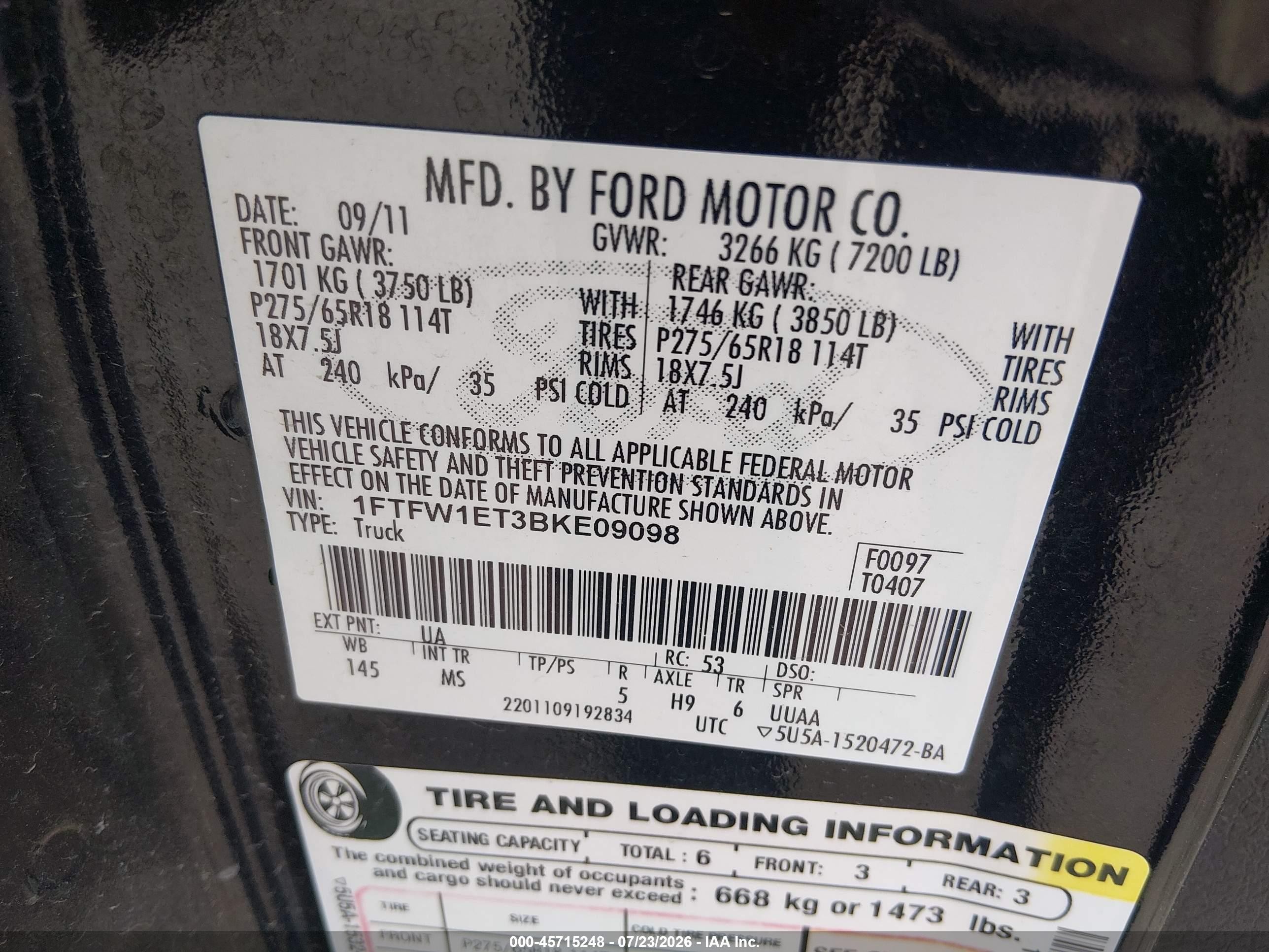 2011 Ford F-150 Xlt Black vin: 1FTFW1ET3BKE09098