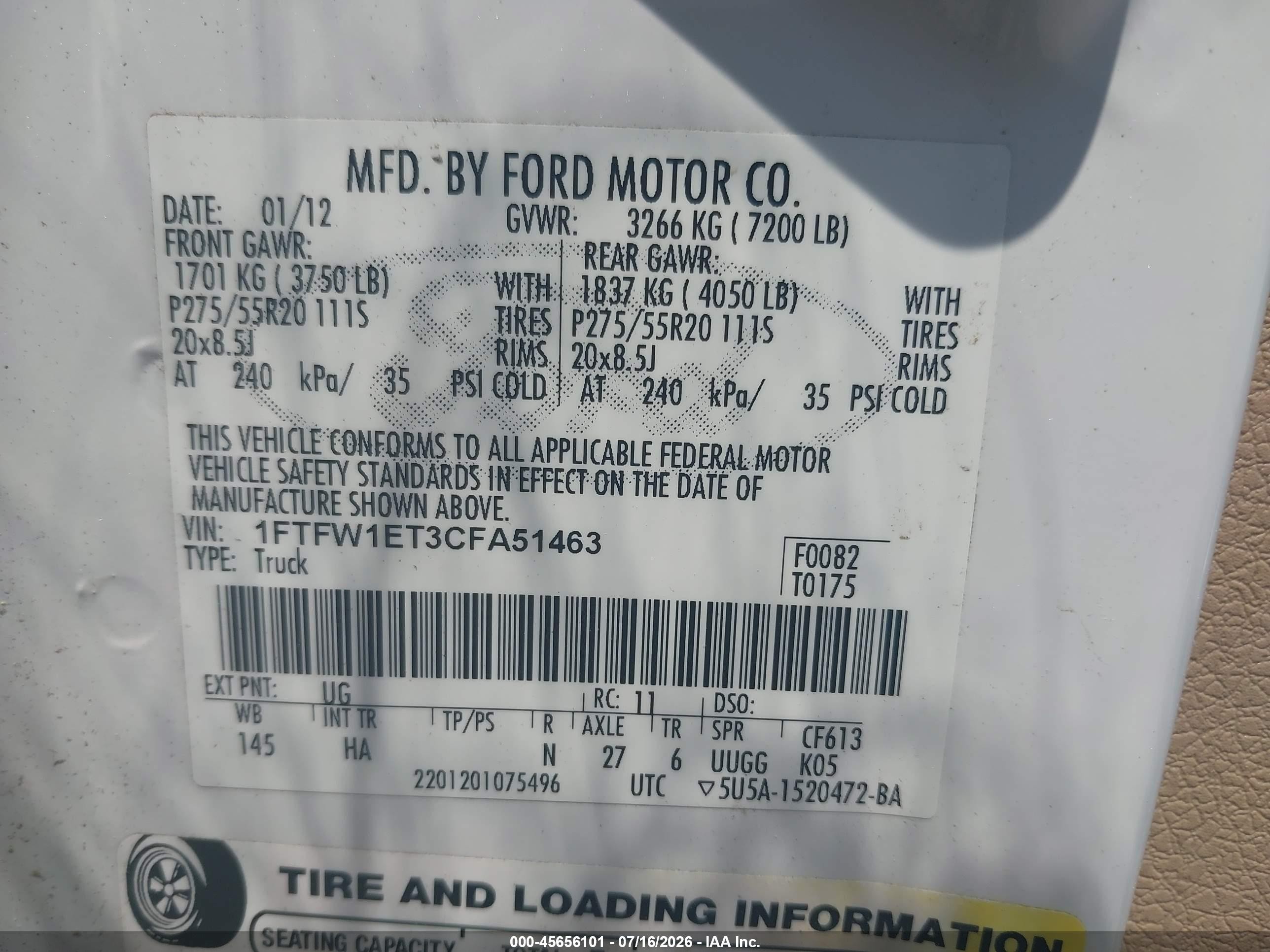 2012 Ford F-150 Lariat White vin: 1FTFW1ET3CFA51463