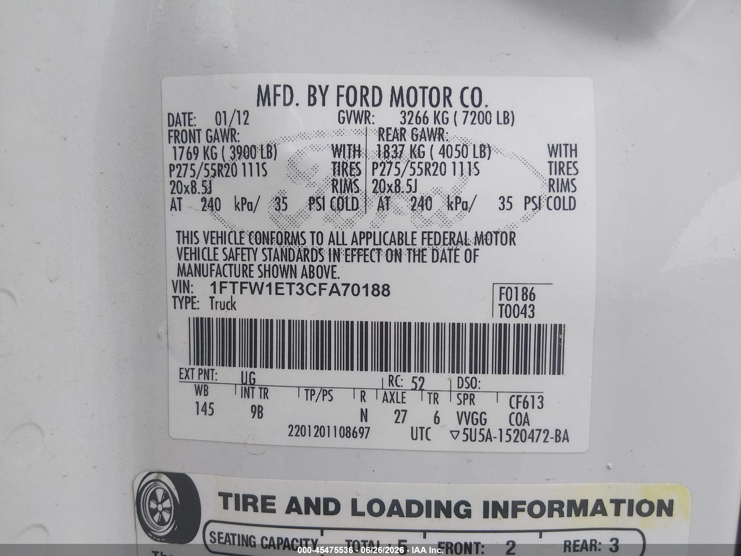 2012 Ford F-150 Platinum White vin: 1FTFW1ET3CFA70188