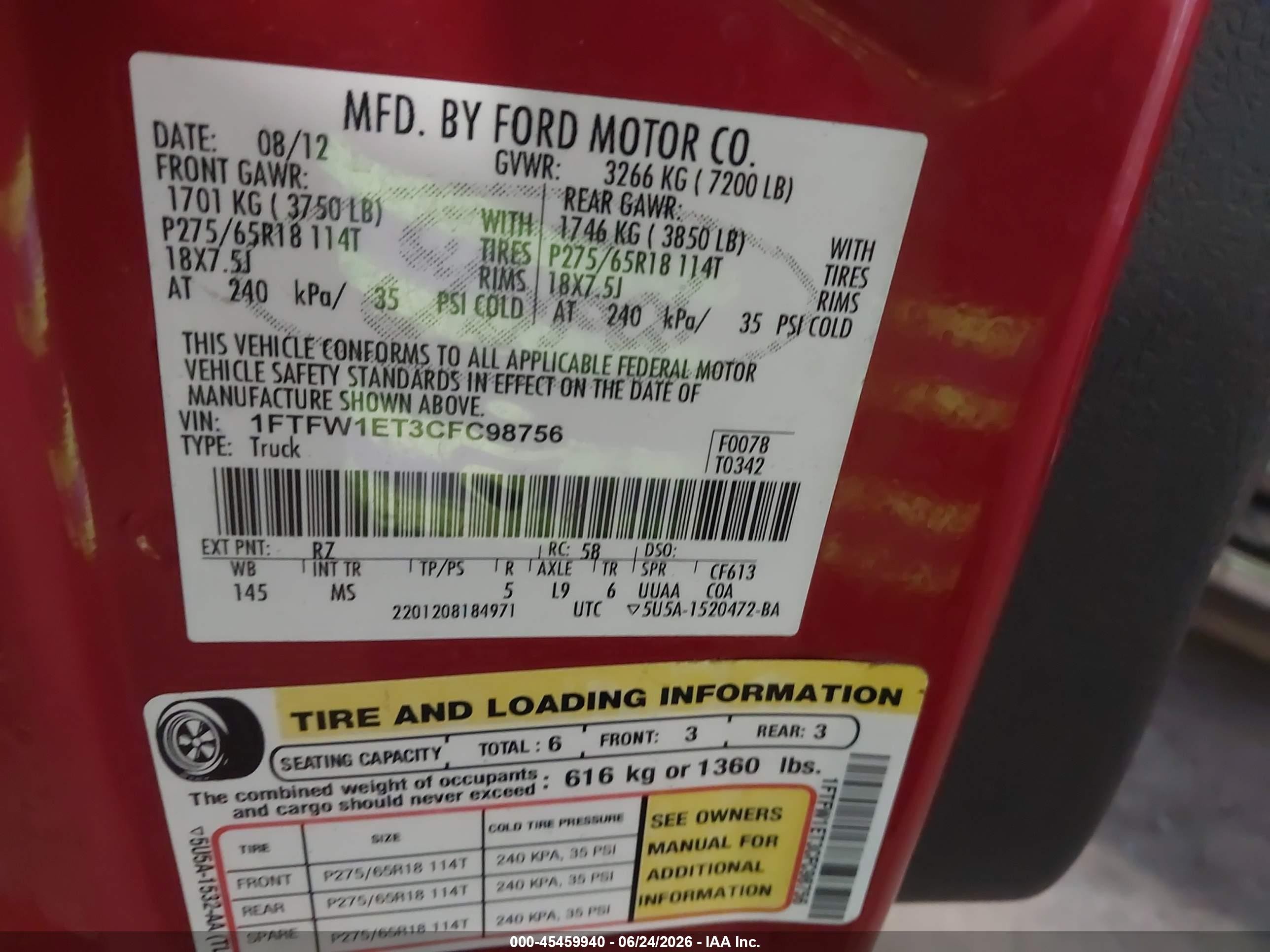 2012 Ford F-150 Fx4/king Ranch/lariat/platinum/xl/xlt Red vin: 1FTFW1ET3CFC98756