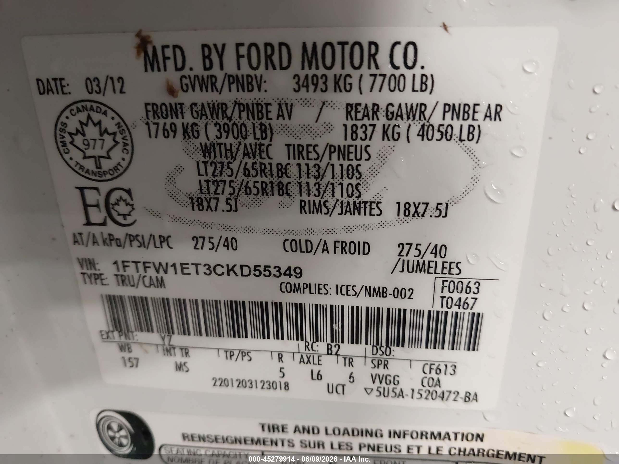 2012 Ford F-150 Xlt White vin: 1FTFW1ET3CKD55349