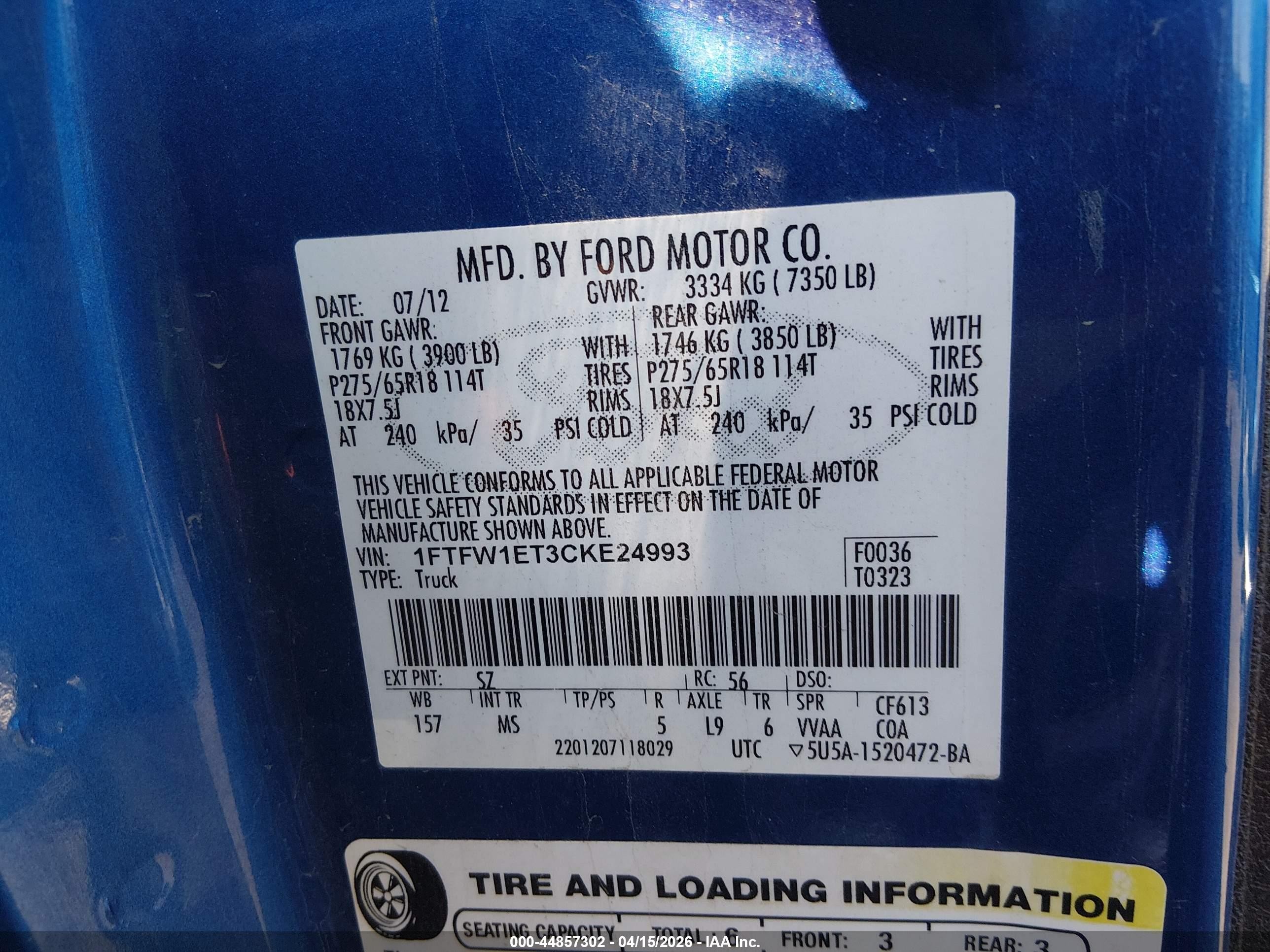 2012 Ford F-150 Xlt Blue vin: 1FTFW1ET3CKE24993