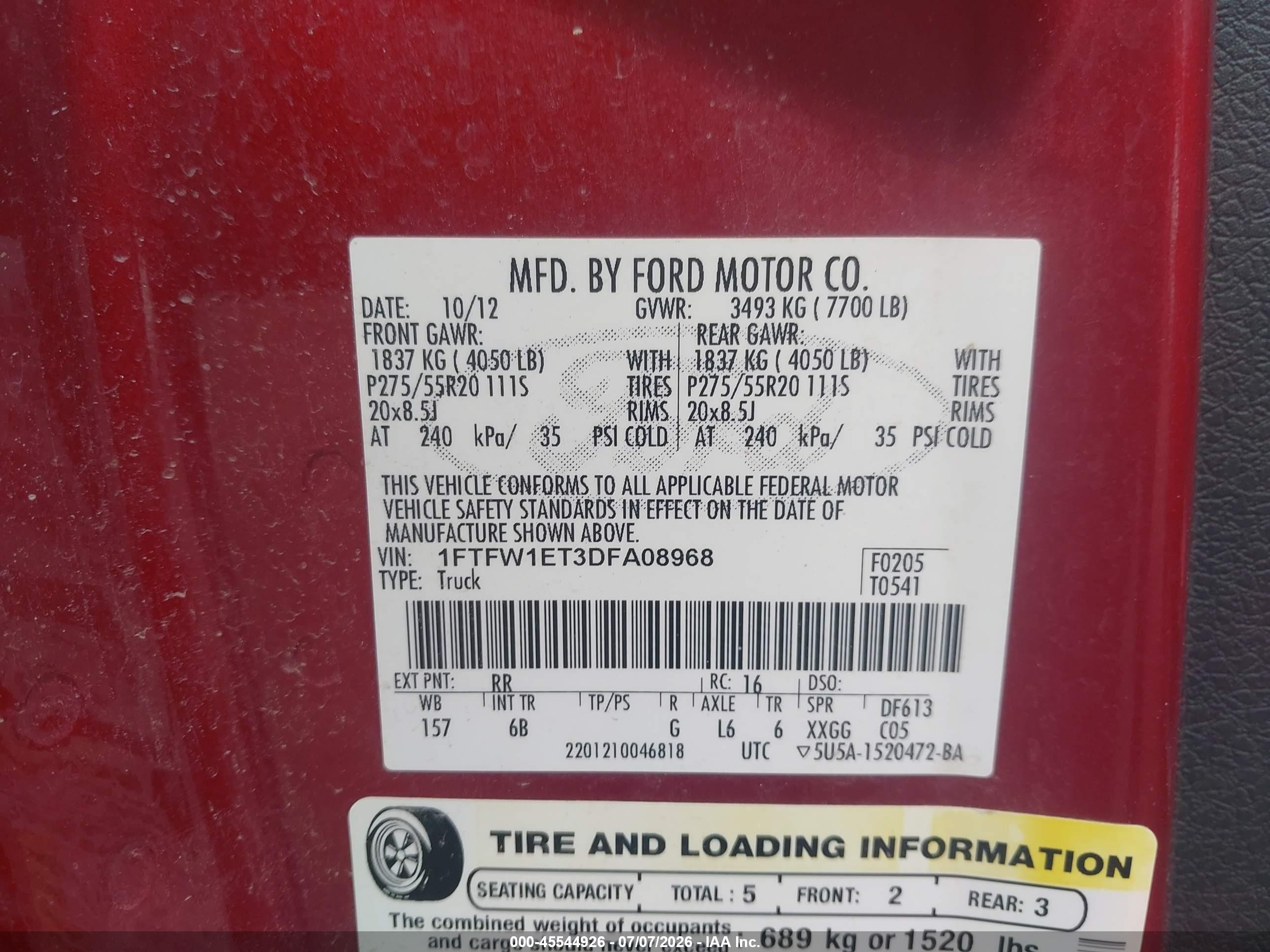2013 Ford F-150 Fx4/king Ranch/lariat/limited/platinum/xl/xlt Red vin: 1FTFW1ET3DFA08968