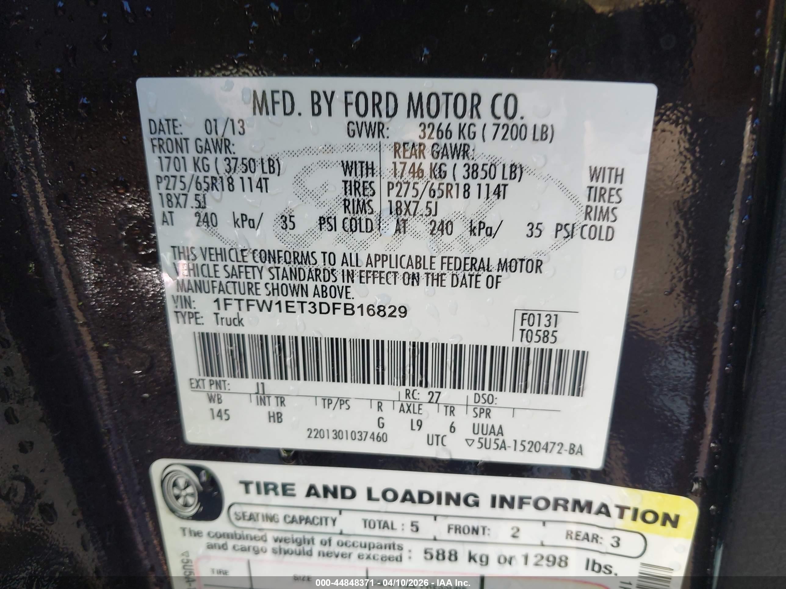 2013 Ford F-150 Lariat Black vin: 1FTFW1ET3DFB16829