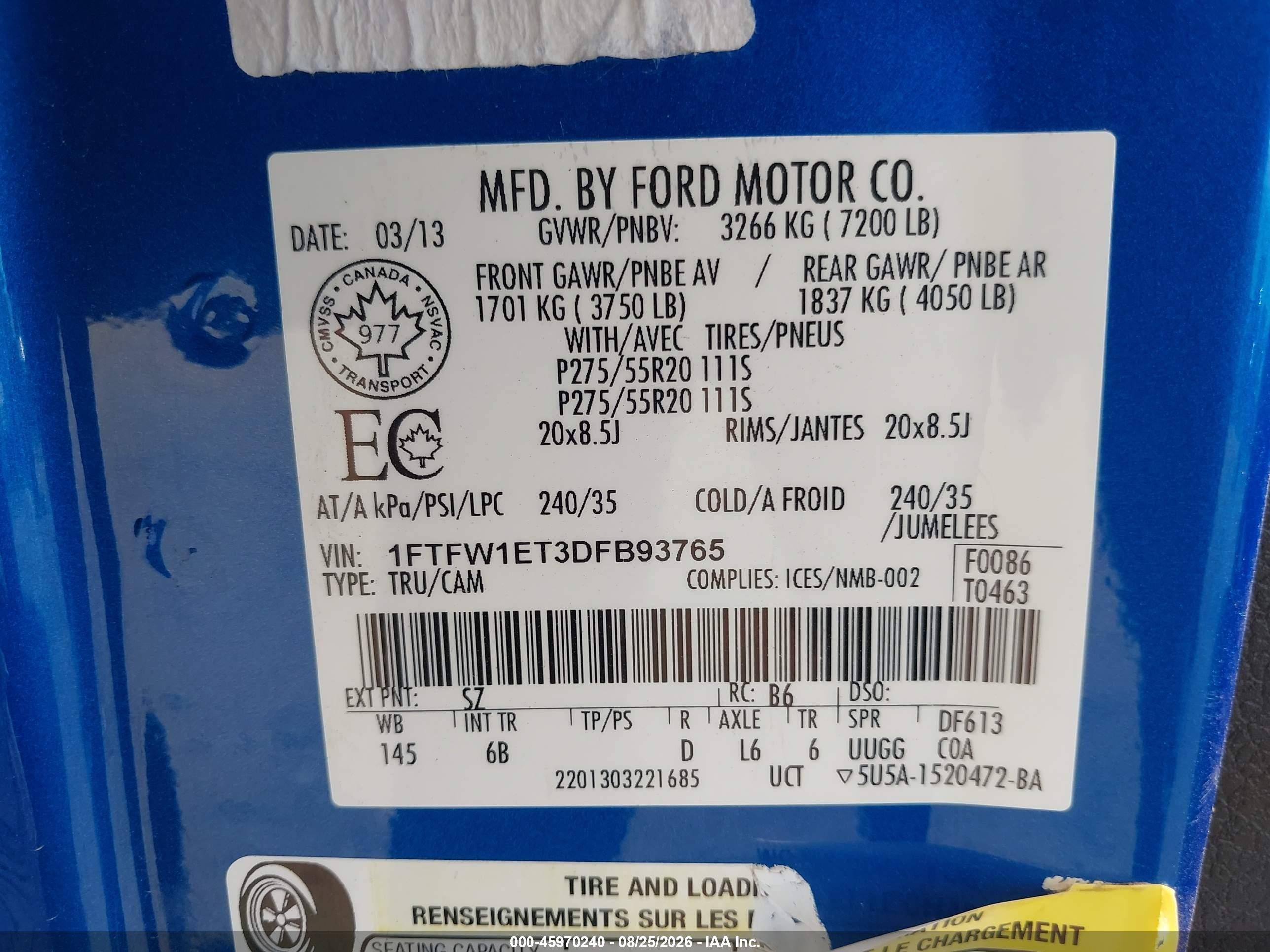2013 Ford F-150 Fx4 Blue vin: 1FTFW1ET3DFB93765