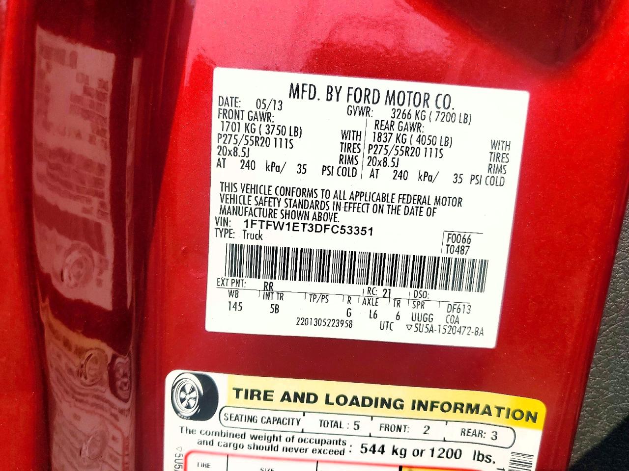 2013 Ford F150 Supercrew Red vin: 1FTFW1ET3DFC53351
