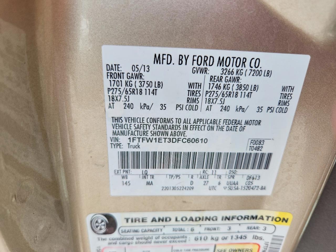 2013 Ford F150 Supercrew Tan vin: 1FTFW1ET3DFC60610