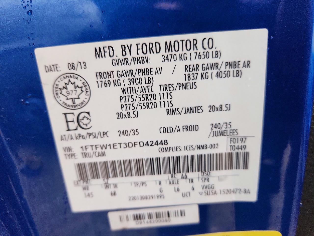 2013 Ford F150 Supercrew Blue vin: 1FTFW1ET3DFD42448