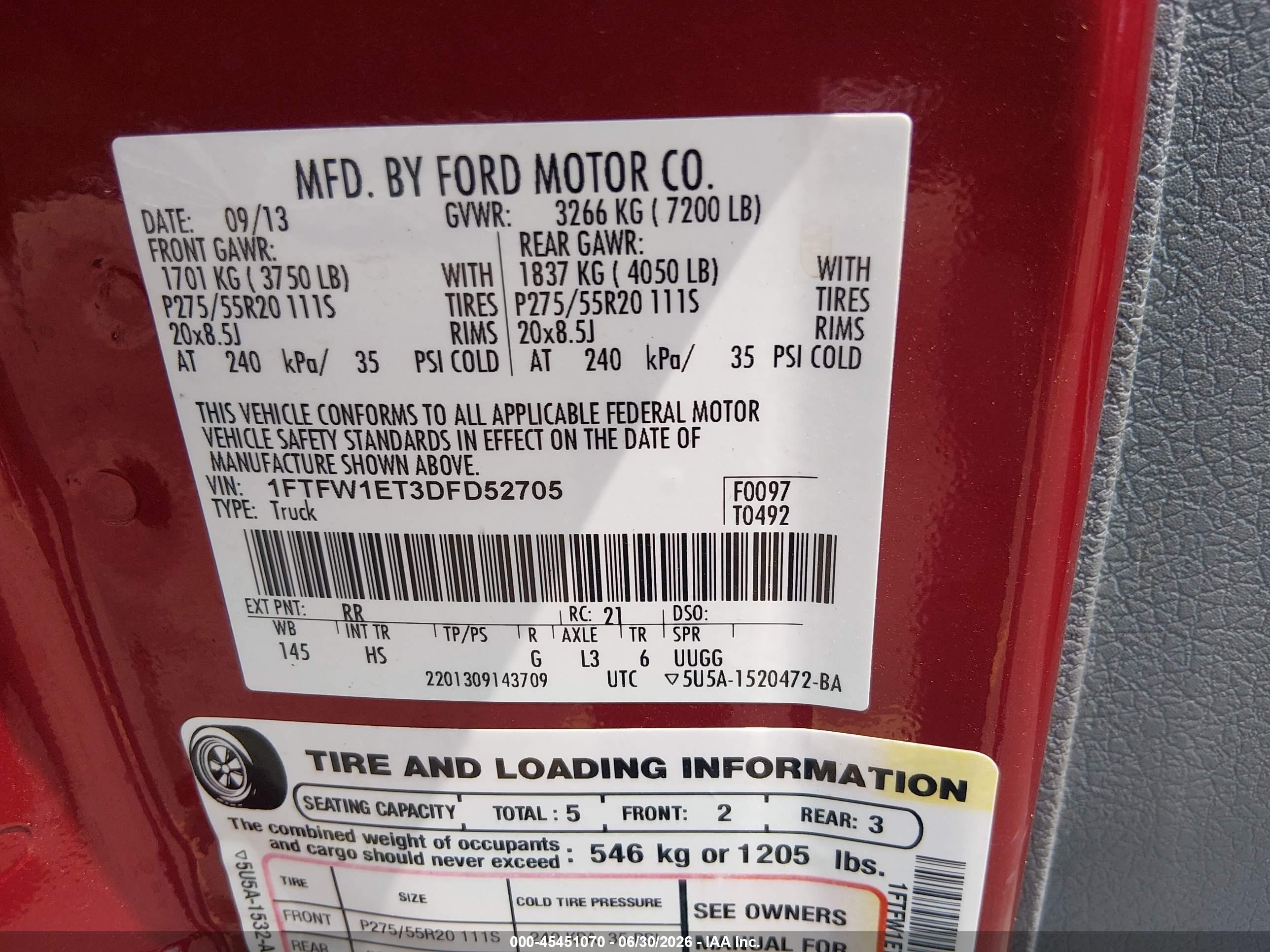 2013 Ford F-150 Fx4/king Ranch/lariat/limited/platinum/xl/xlt Красный vin: 1FTFW1ET3DFD52705