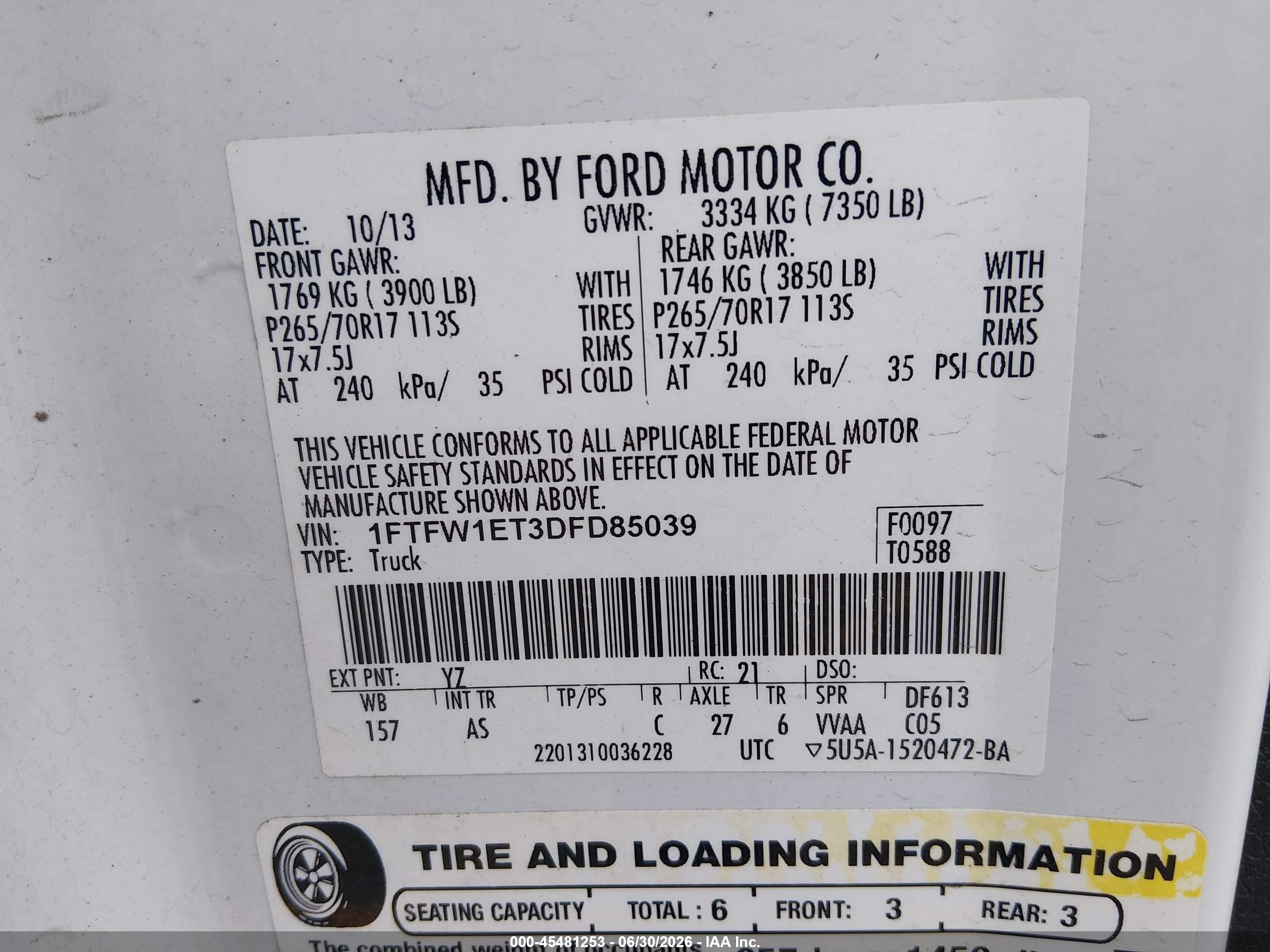 2013 Ford F-150 Xl White vin: 1FTFW1ET3DFD85039