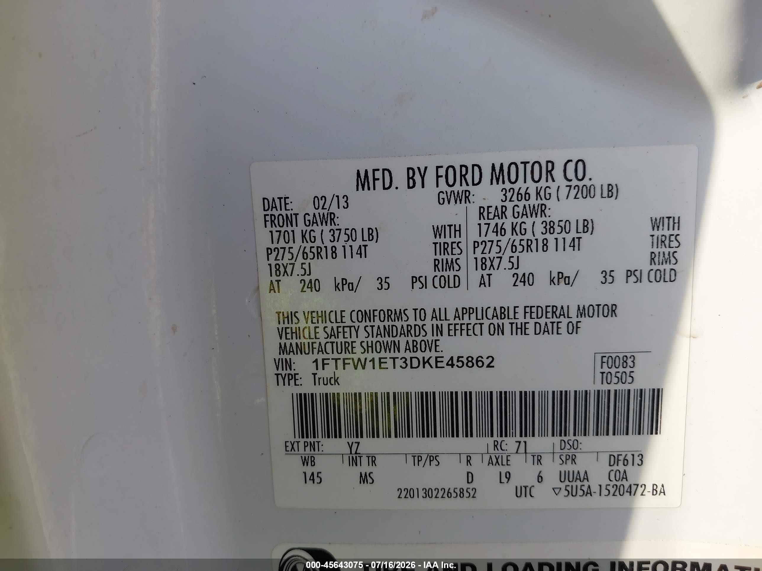 2013 Ford F-150 Xlt White vin: 1FTFW1ET3DKE45862