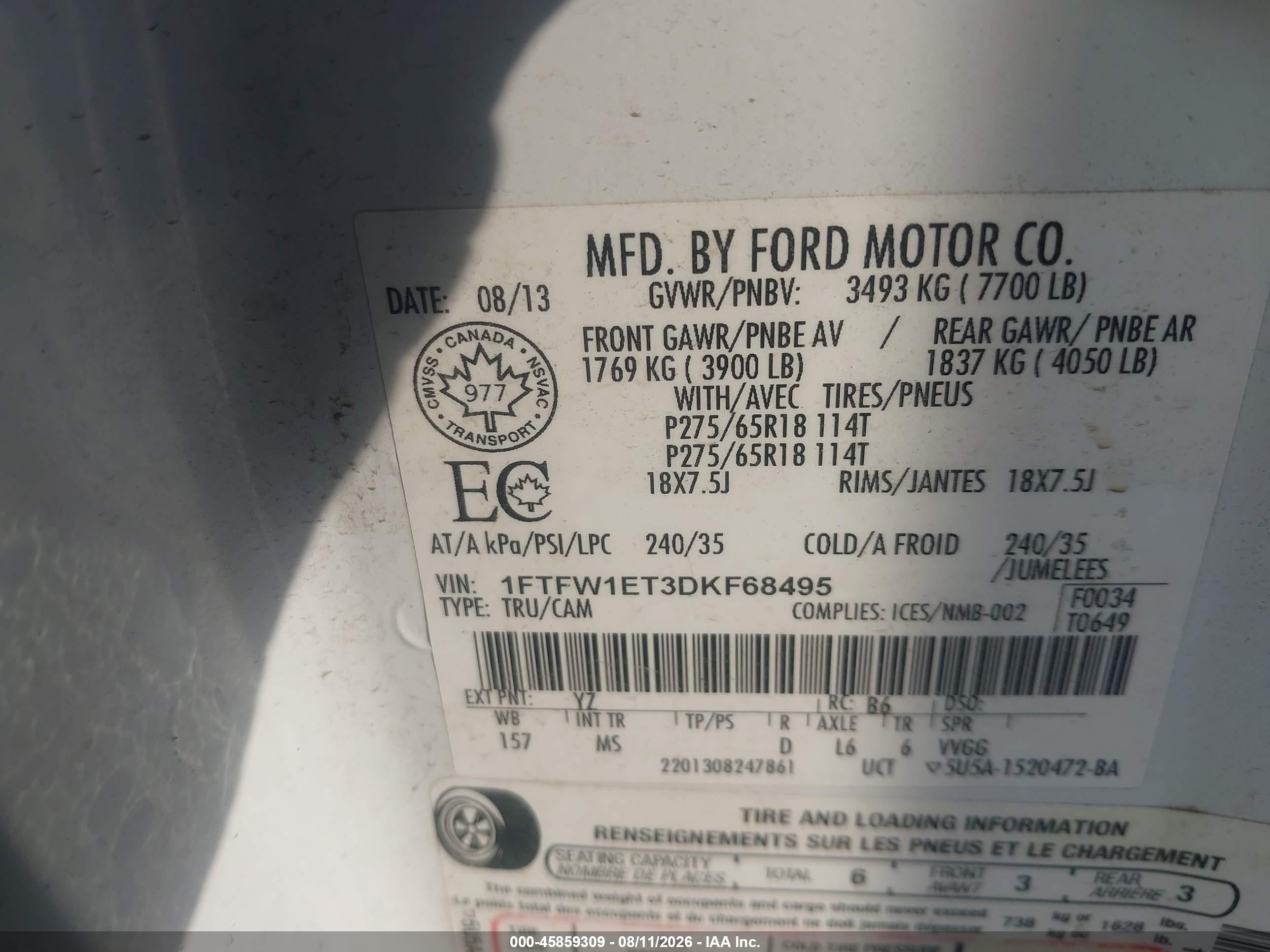 2013 Ford F-150 Xlt White vin: 1FTFW1ET3DKF68495