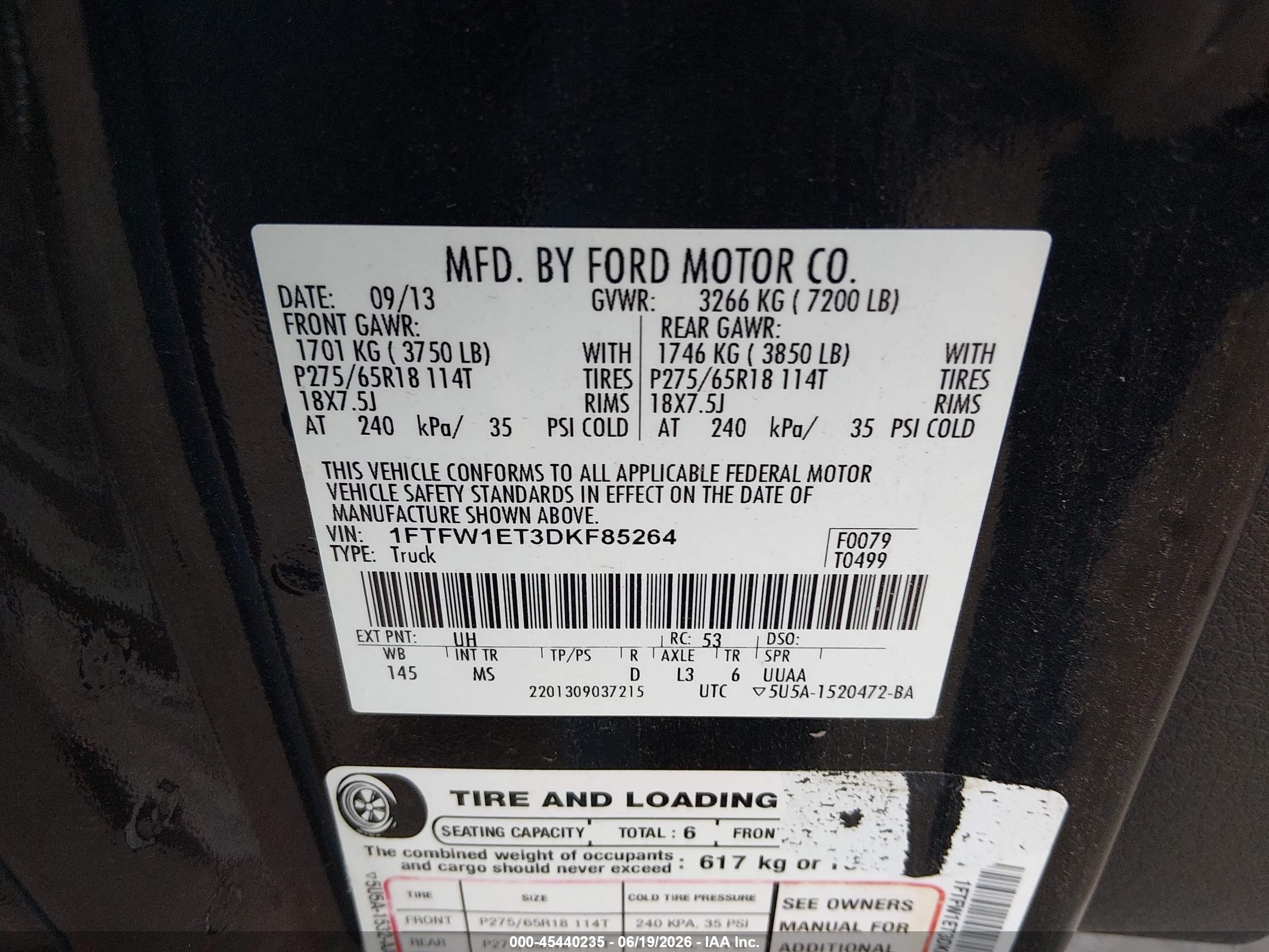 2013 Ford F-150 Fx4/king Ranch/lariat/limited/platinum/xl/xlt Black vin: 1FTFW1ET3DKF85264